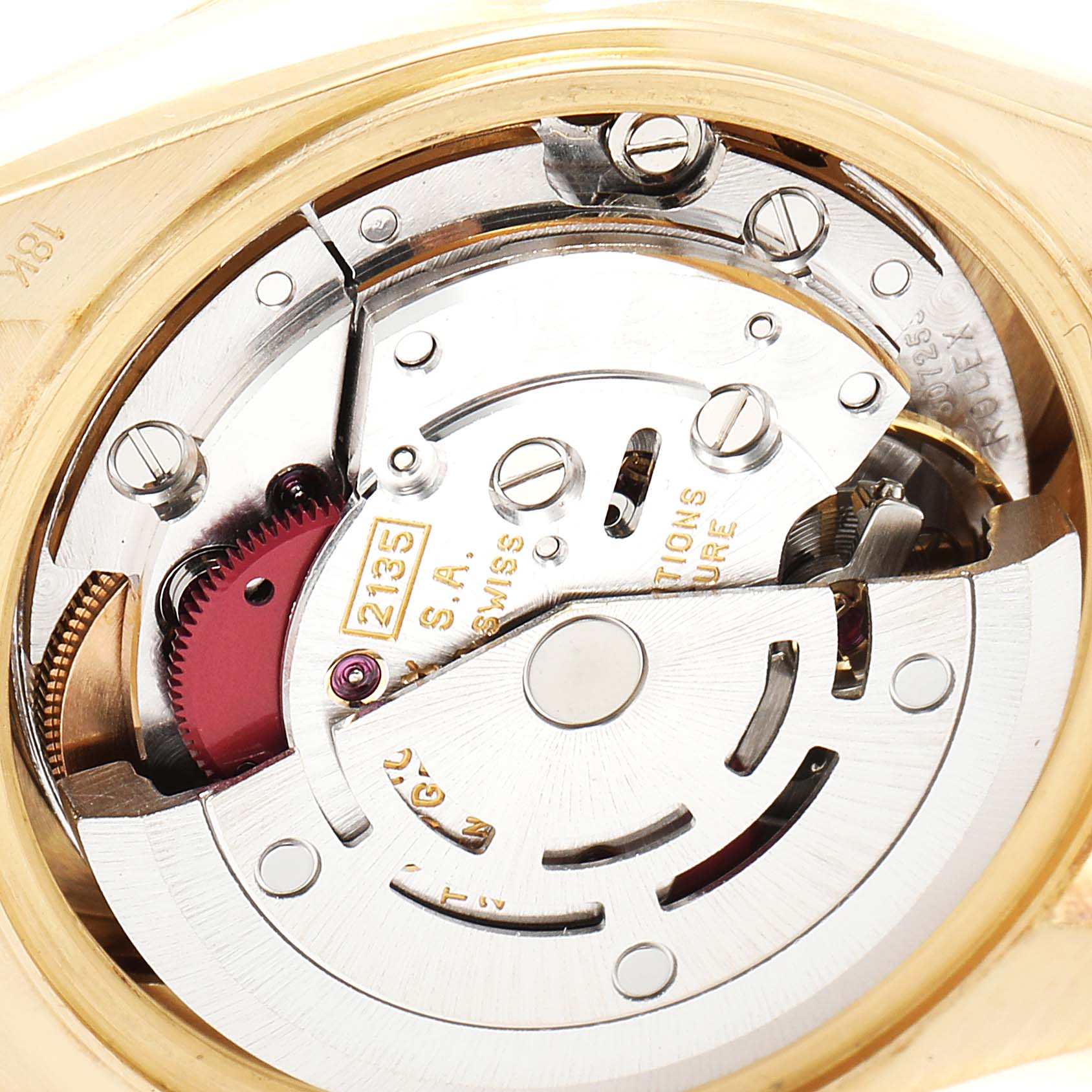 The image shows the movement mechanism of a Rolex President 69178 Women
s Yellow Gold Champagne Dial 69178 Women
s Yellow Gold Champagne Dial model watch from a top-down angle.