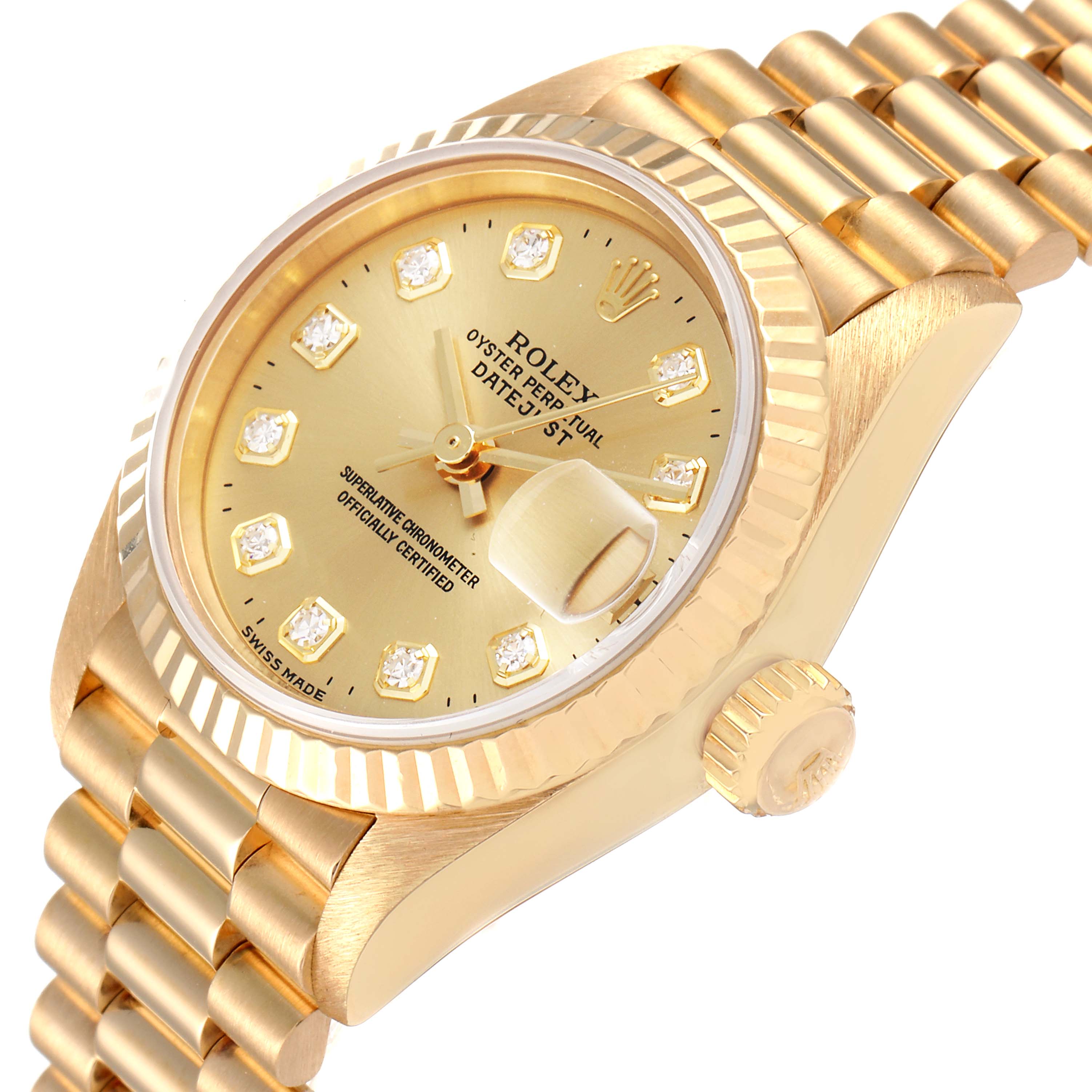This image shows a side angled view of the Rolex President 69178 Women
s Yellow Gold Champagne Dial 69178 Women
s Yellow Gold Champagne Dial model watch, highlighting its gold case, bracelet, and detailed face.