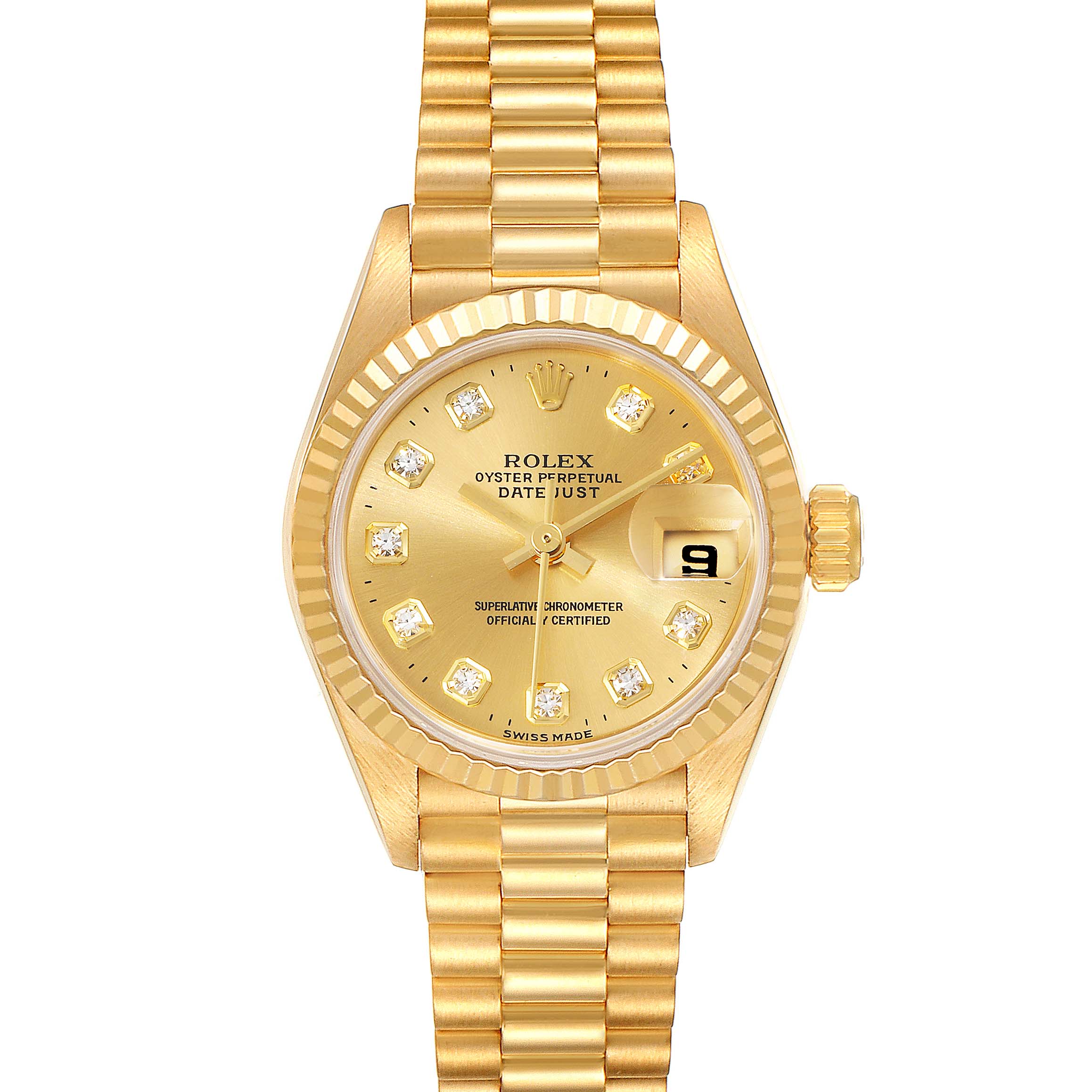This image shows a Rolex President 69178 Women
s Yellow Gold Champagne Dial 69178 Women
s Yellow Gold Champagne Dial model watch from a front angle, displaying the entire face, bezel, and wristband.
