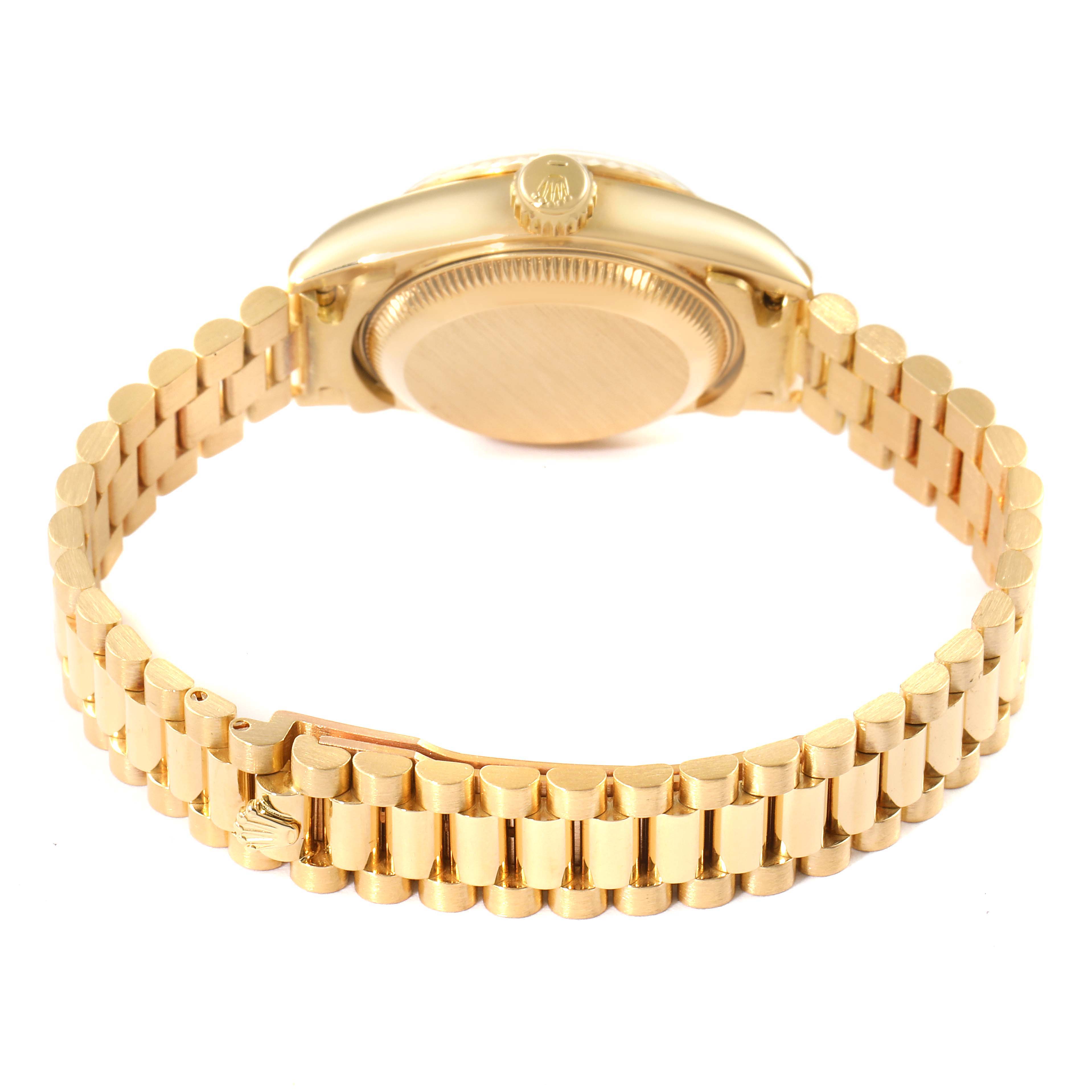 The image shows the back casing and bracelet of a Rolex President 69178 Women
s Yellow Gold Champagne Dial 69178 Women
s Yellow Gold Champagne Dial model watch from a rear angle.
