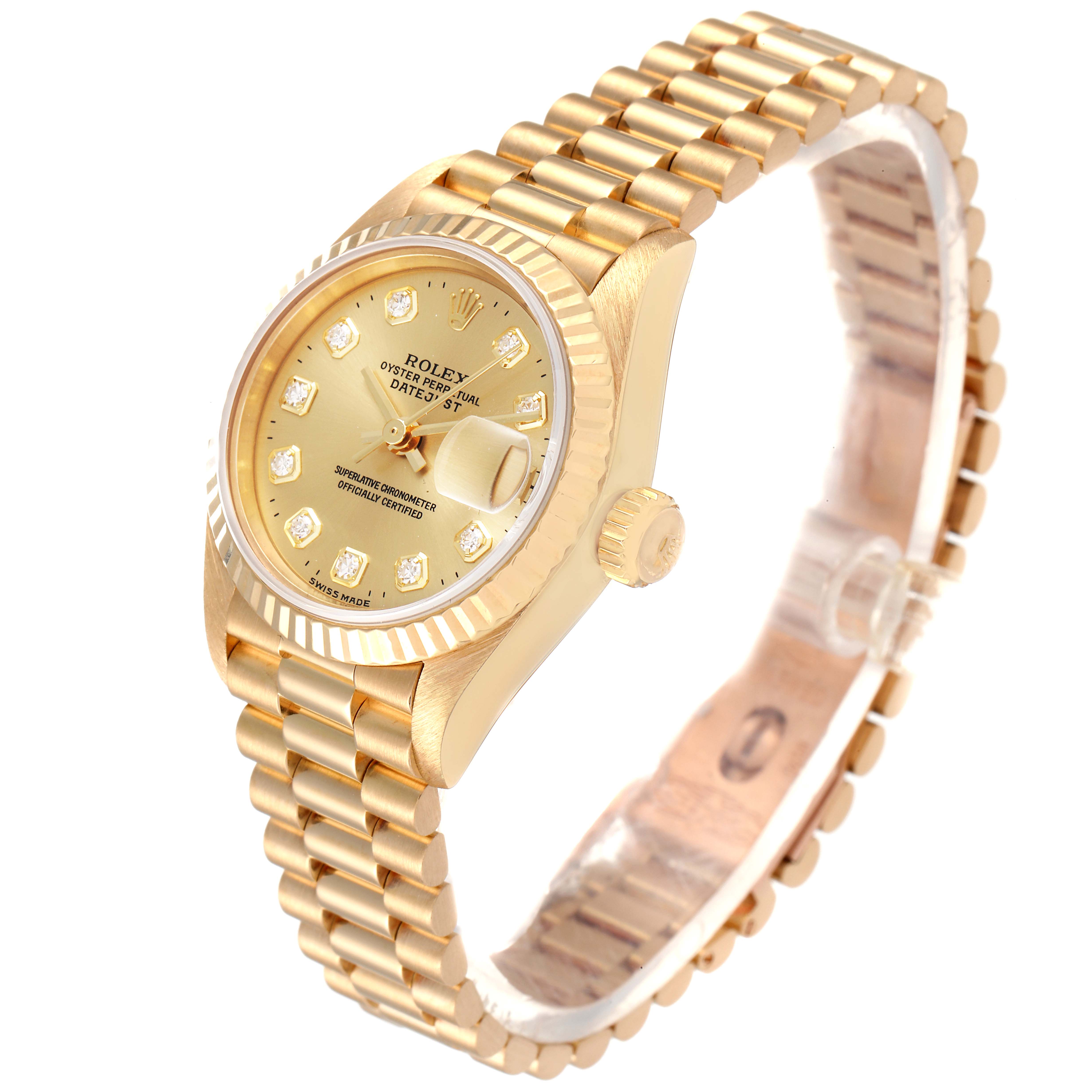 This image shows a side-angle view of the Rolex President 69178 Women
s Yellow Gold Champagne Dial 69178 Women
s Yellow Gold Champagne Dial model watch, featuring its gold case, fluted bezel, dial, and bracelet.