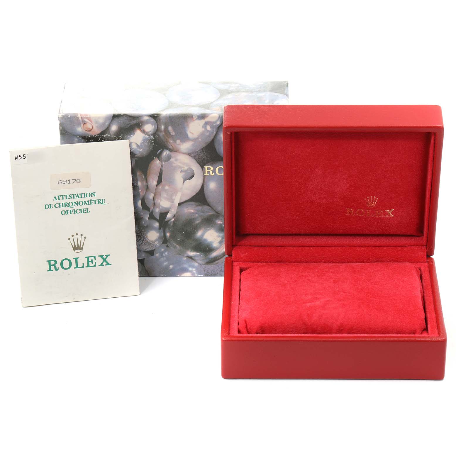 The image shows a Rolex President 69178 Women
s Yellow Gold Champagne Dial 69178 Women
s Yellow Gold Champagne Dial model watch box, outer box, and a booklet, all taken from a front angle.