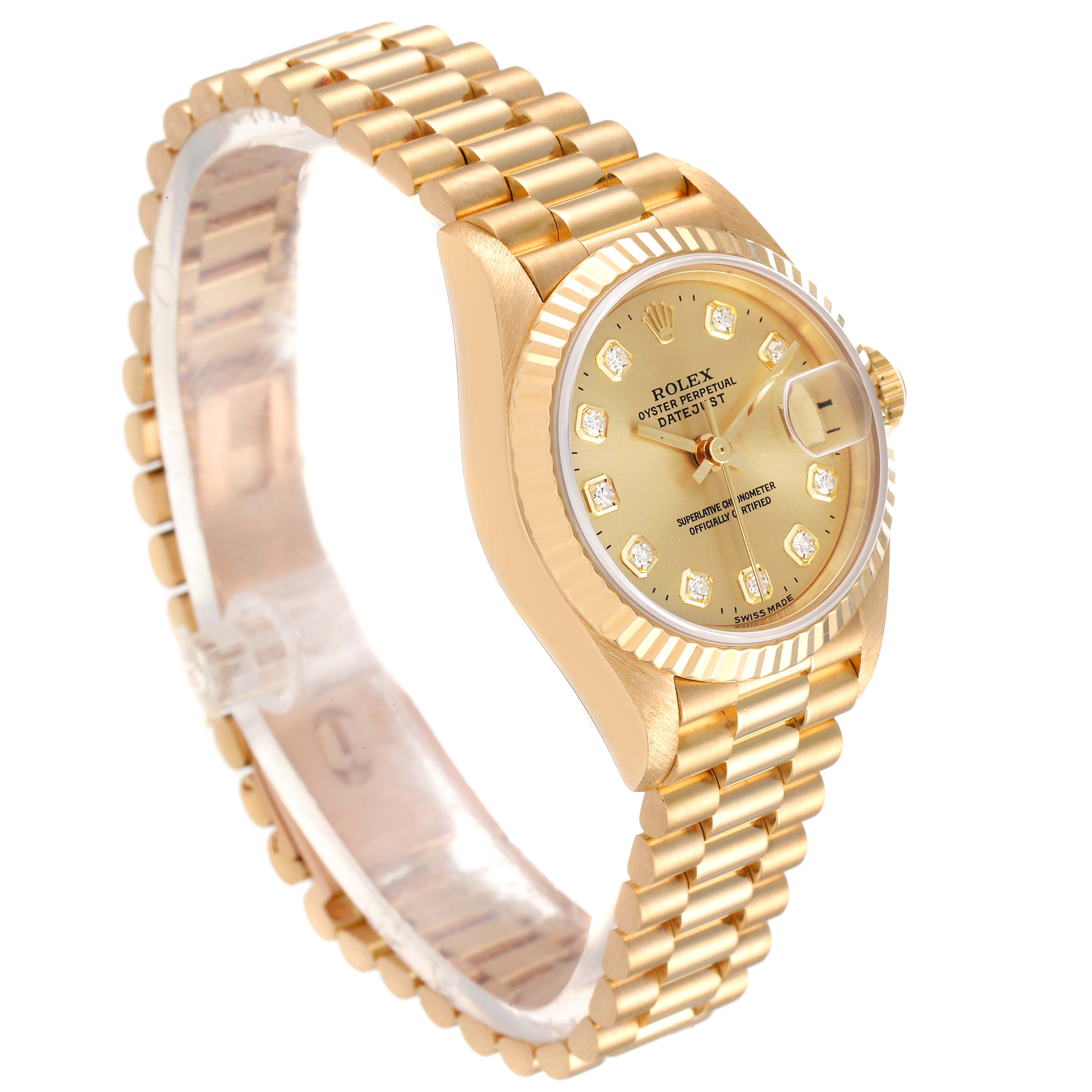 This image shows a Rolex President 69178 Women
s Yellow Gold Champagne Dial 69178 Women
s Yellow Gold Champagne Dial model watch angled slightly from the side, displaying the band and dial clearly.