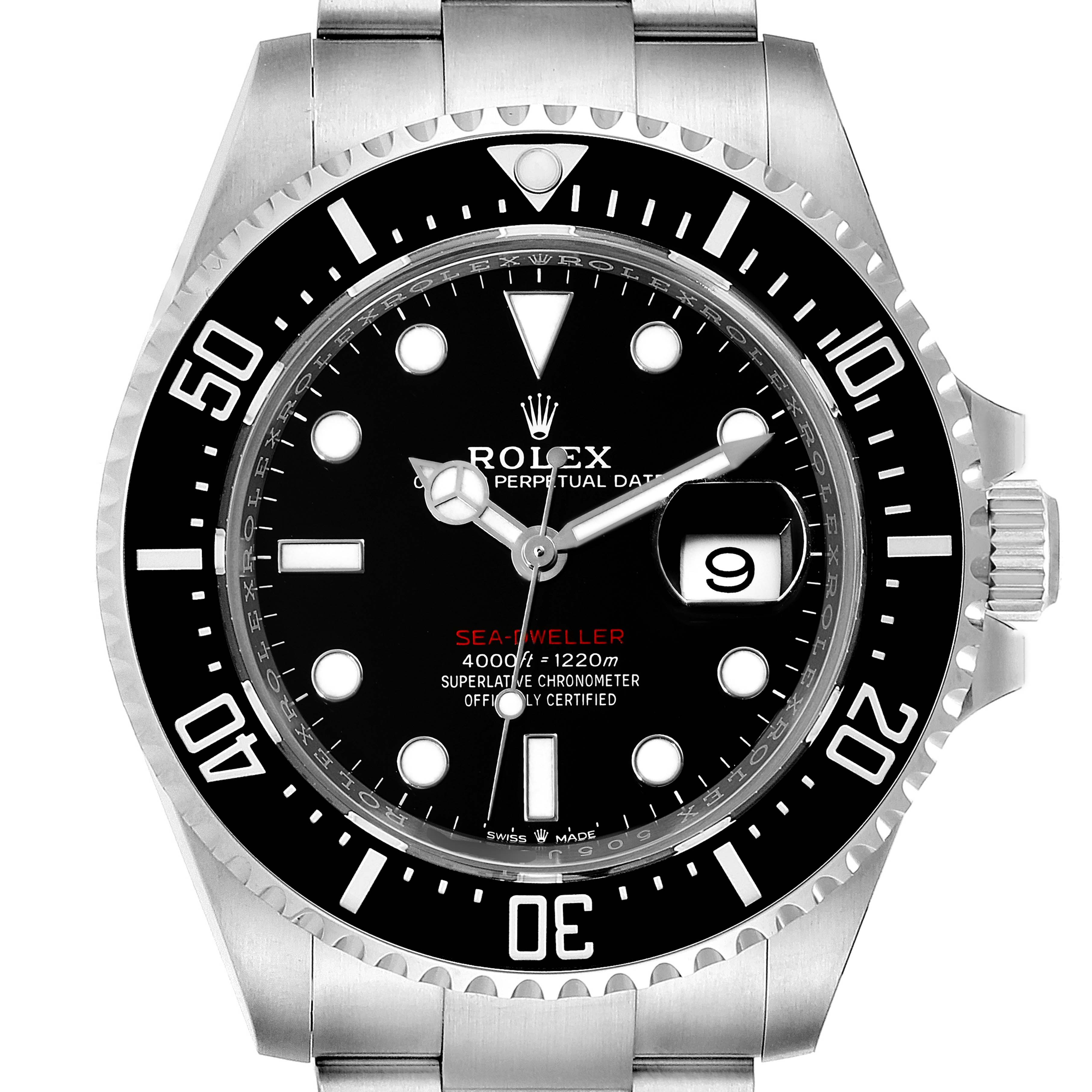 The image shows a front angle of the Rolex Sea-Dweller 126600 Men
s Stainless Steel Black Dial 126600 Men
s Stainless Steel Black Dial watch, displaying its face, bezel, crown, and part of the bracelet.
