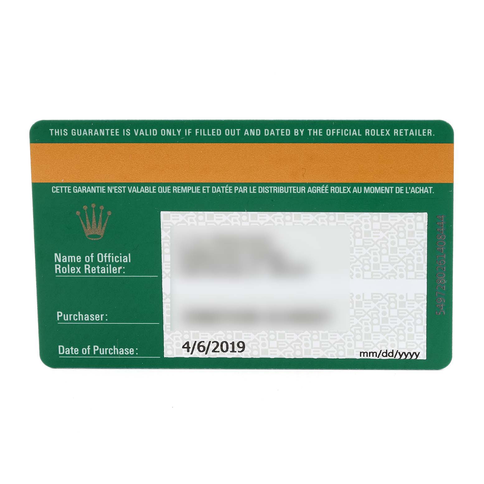 This image shows a guarantee card for a Rolex Sea-Dweller 126600 Men
s Stainless Steel Black Dial 126600 Men
s Stainless Steel Black Dial watch, including the name of the retailer, purchase details, and date of purchase.