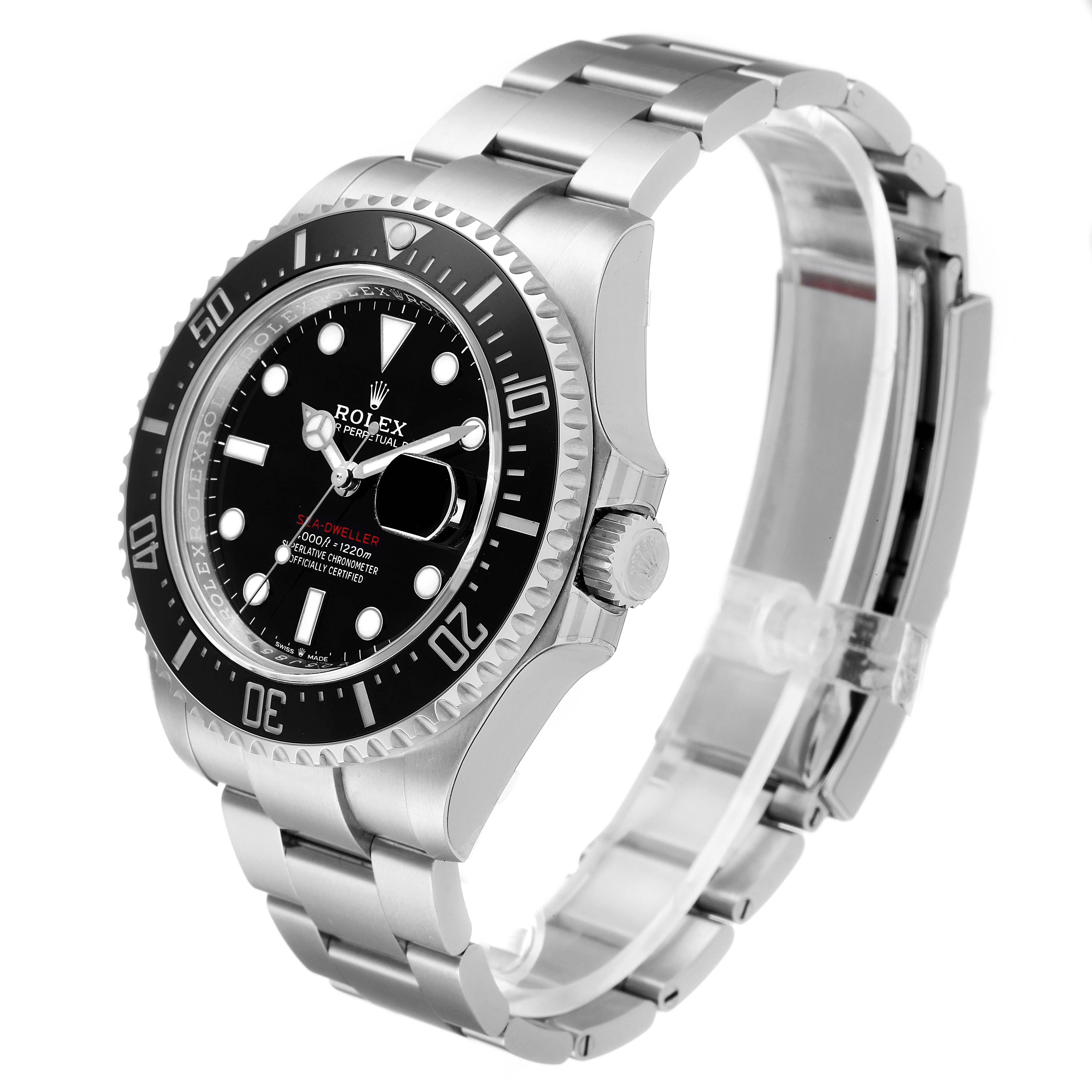 The image shows a Rolex Sea-Dweller 126600 Men
s Stainless Steel Black Dial 126600 Men
s Stainless Steel Black Dial watch from a side angle highlighting the dial, bezel, crown, and bracelet.