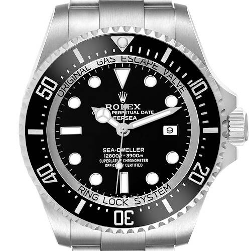 The image shows a front view of the Rolex Sea-Dweller watch, displaying its face, bezel, crown, and part of the bracelet.