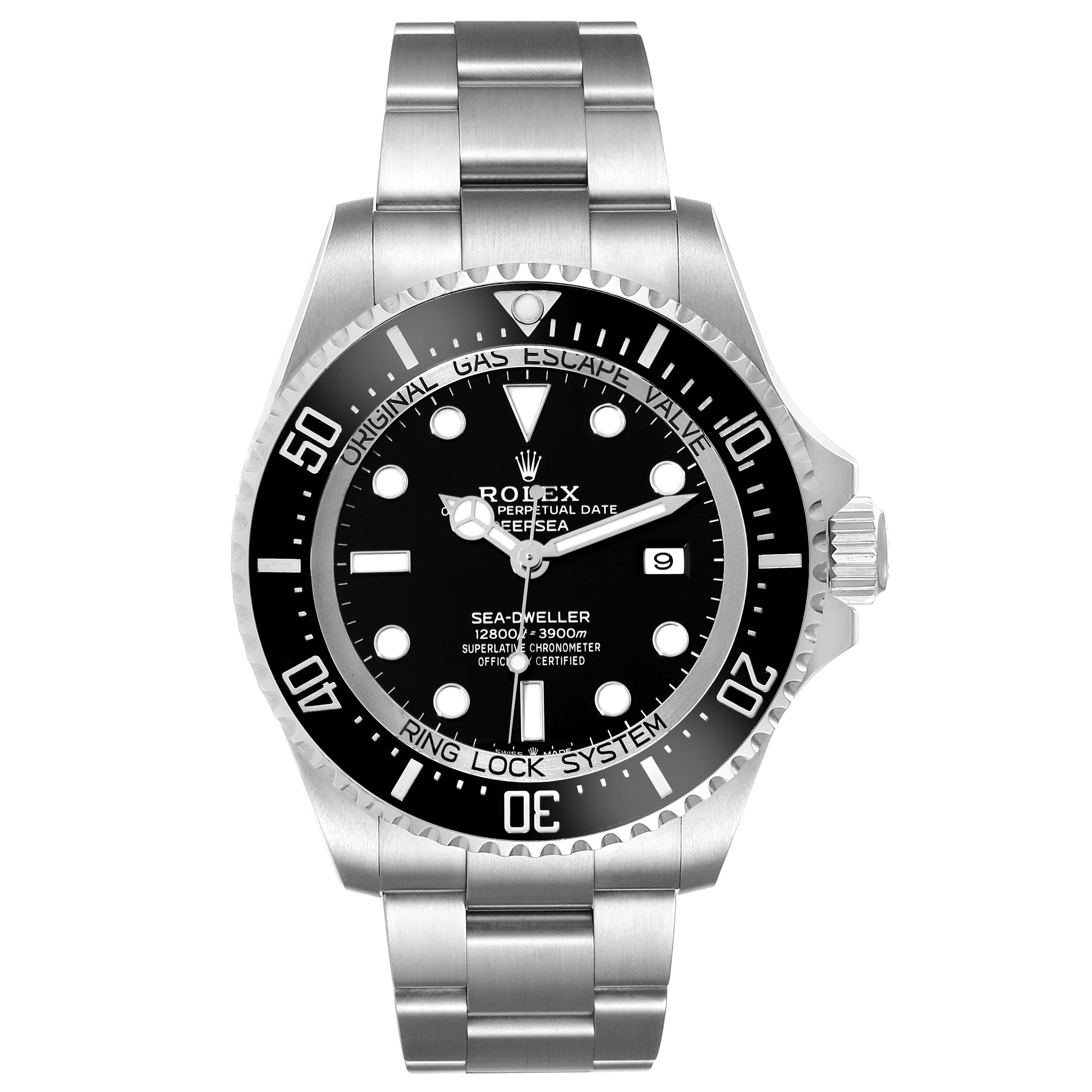 The image shows a front view of the Rolex Sea-Dweller 126660 Men
s Stainless Steel Black Dial 126660 Men
s Stainless Steel Black Dial watch, displaying its bracelet, bezel, dial, and crown.