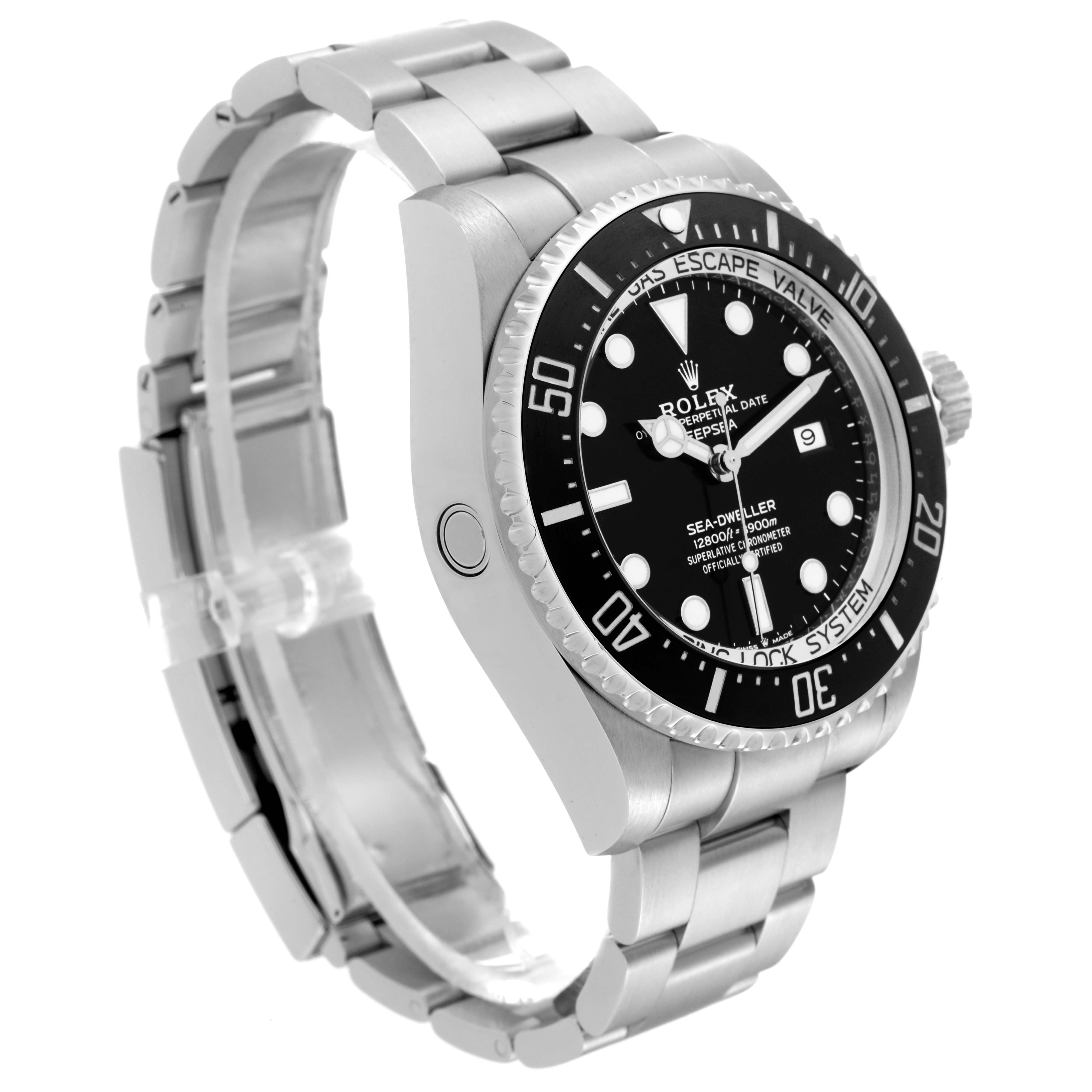 The image shows a left side angle of the Rolex Sea-Dweller 126660 Men
s Stainless Steel Black Dial 126660 Men
s Stainless Steel Black Dial watch, highlighting its face, bezel, and part of the bracelet.