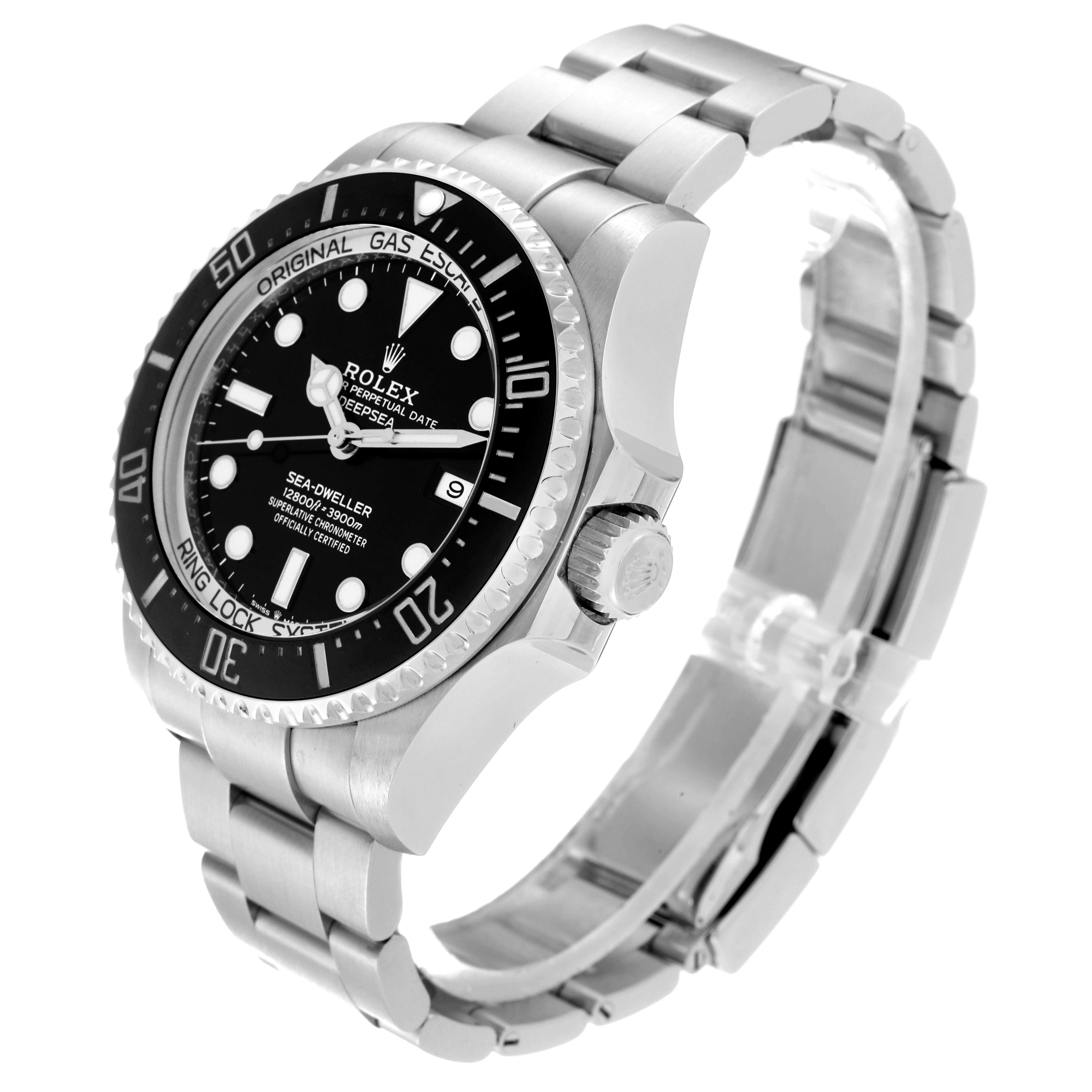 This image shows a side profile of the Rolex Sea-Dweller 126660 Men
s Stainless Steel Black Dial 126660 Men
s Stainless Steel Black Dial watch, highlighting the bezel, dial, crown, and bracelet.