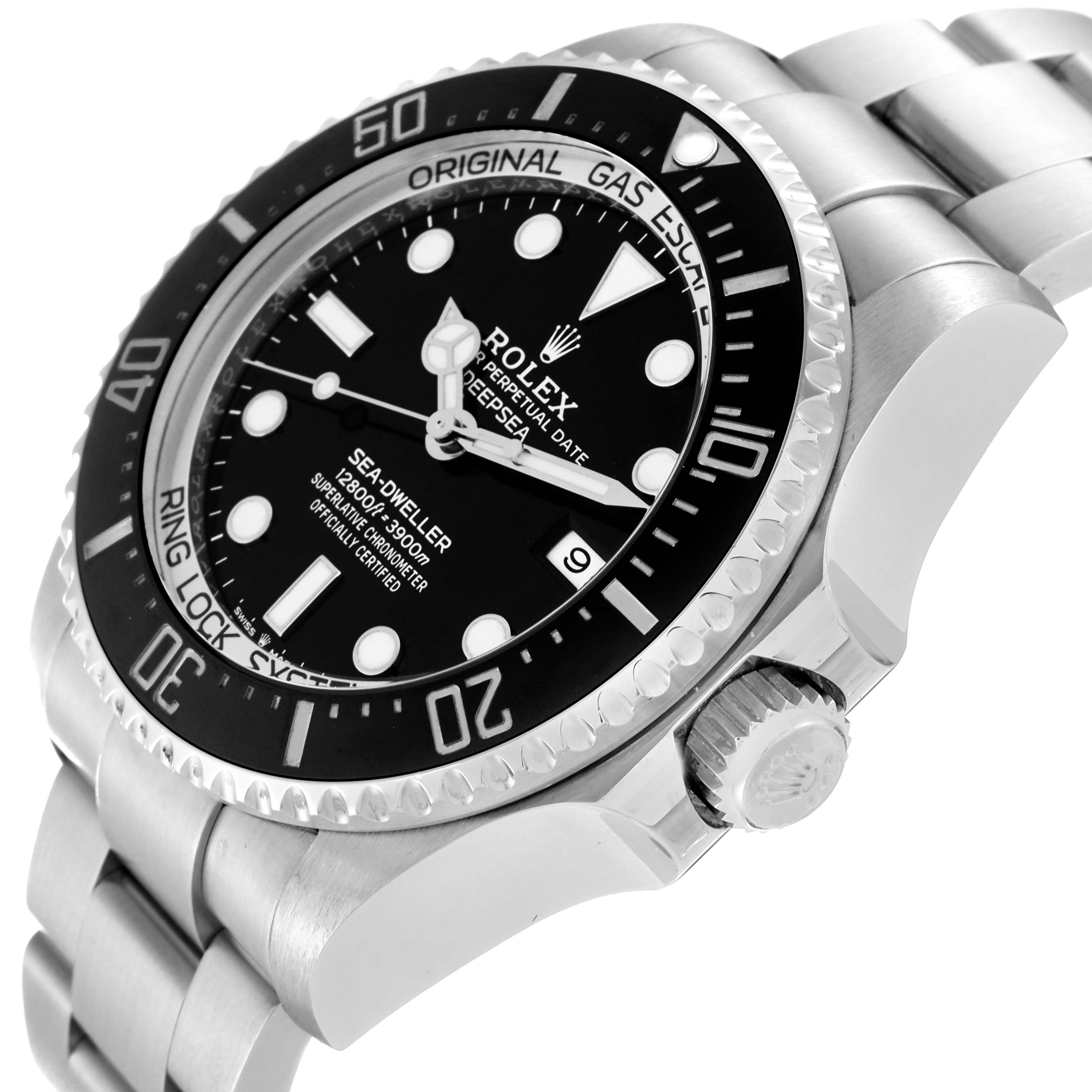 The image shows a close-up angled view of a Rolex Sea-Dweller 126660 Men
s Stainless Steel Black Dial 126660 Men
s Stainless Steel Black Dial watch, highlighting the bezel, face, crown, and part of the bracelet.