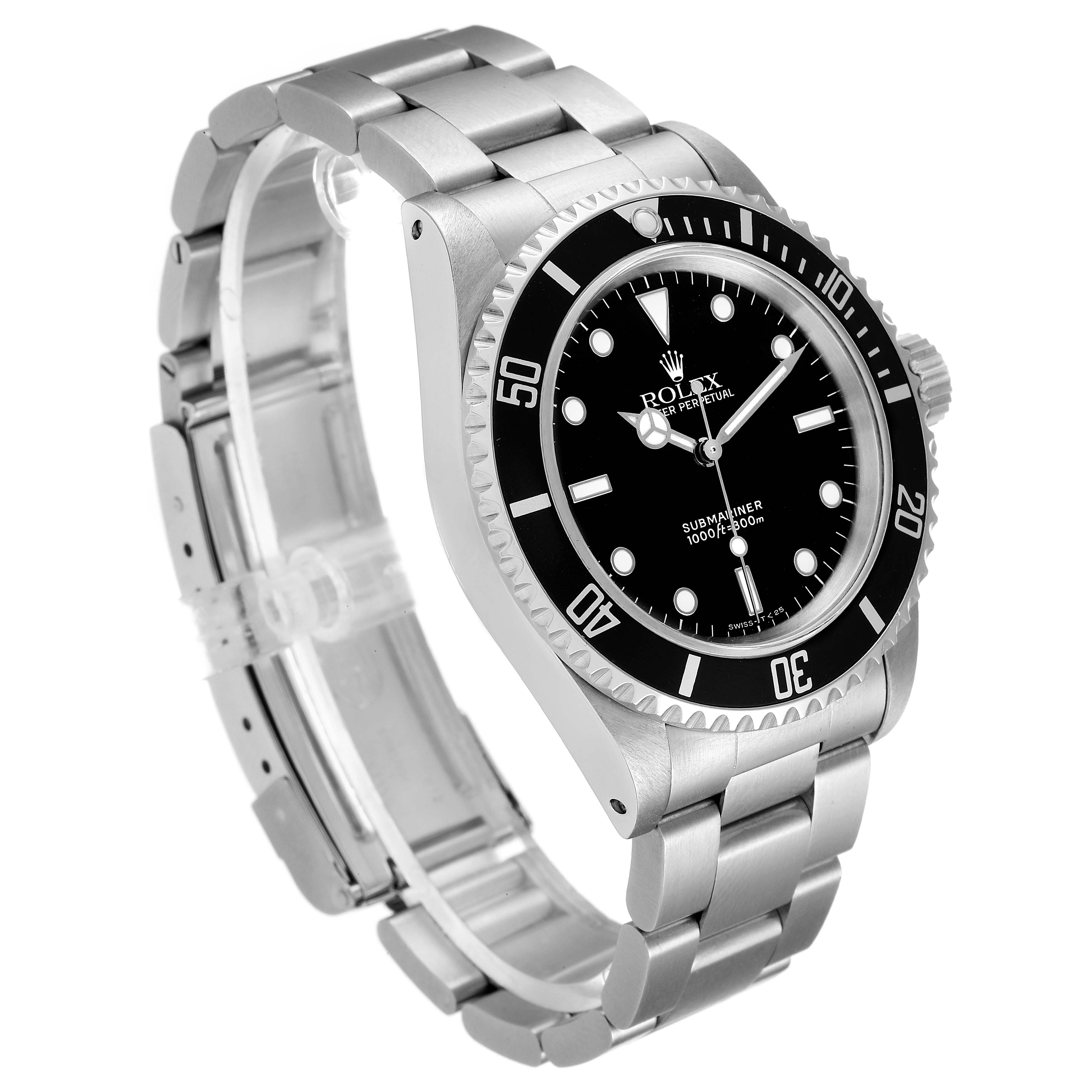 The image shows a Rolex Submariner 14060 Men
s Stainless Steel Black Dial 14060 Men
s Stainless Steel Black Dial watch from a front-left angle, highlighting the dial, bezel, and stainless steel bracelet.