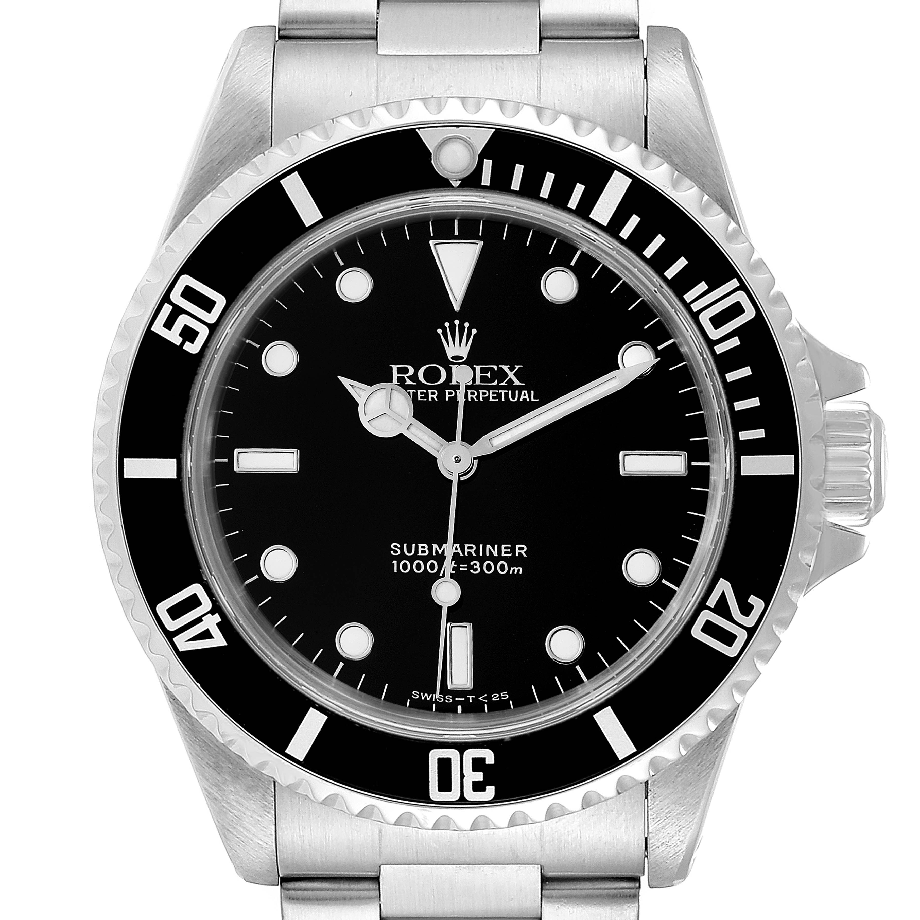 The image shows a front view of a Rolex Submariner 14060 Men
s Stainless Steel Black Dial 14060 Men
s Stainless Steel Black Dial watch, displaying its bezel, dial, and part of the bracelet.