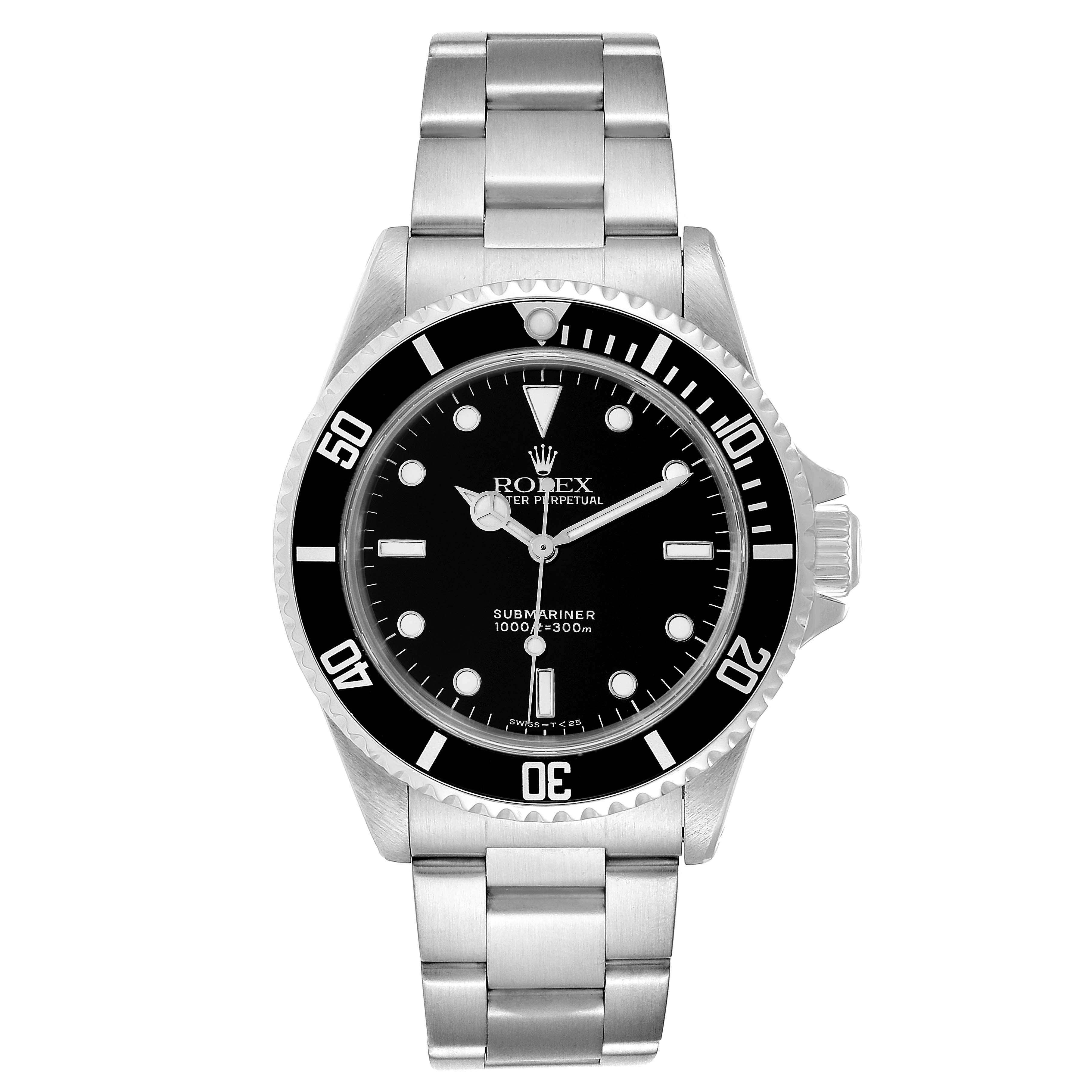 The Rolex Submariner 14060 Men
s Stainless Steel Black Dial 14060 Men
s Stainless Steel Black Dial watch is shown from the front, displaying the bracelet, bezel, dial, and hands.