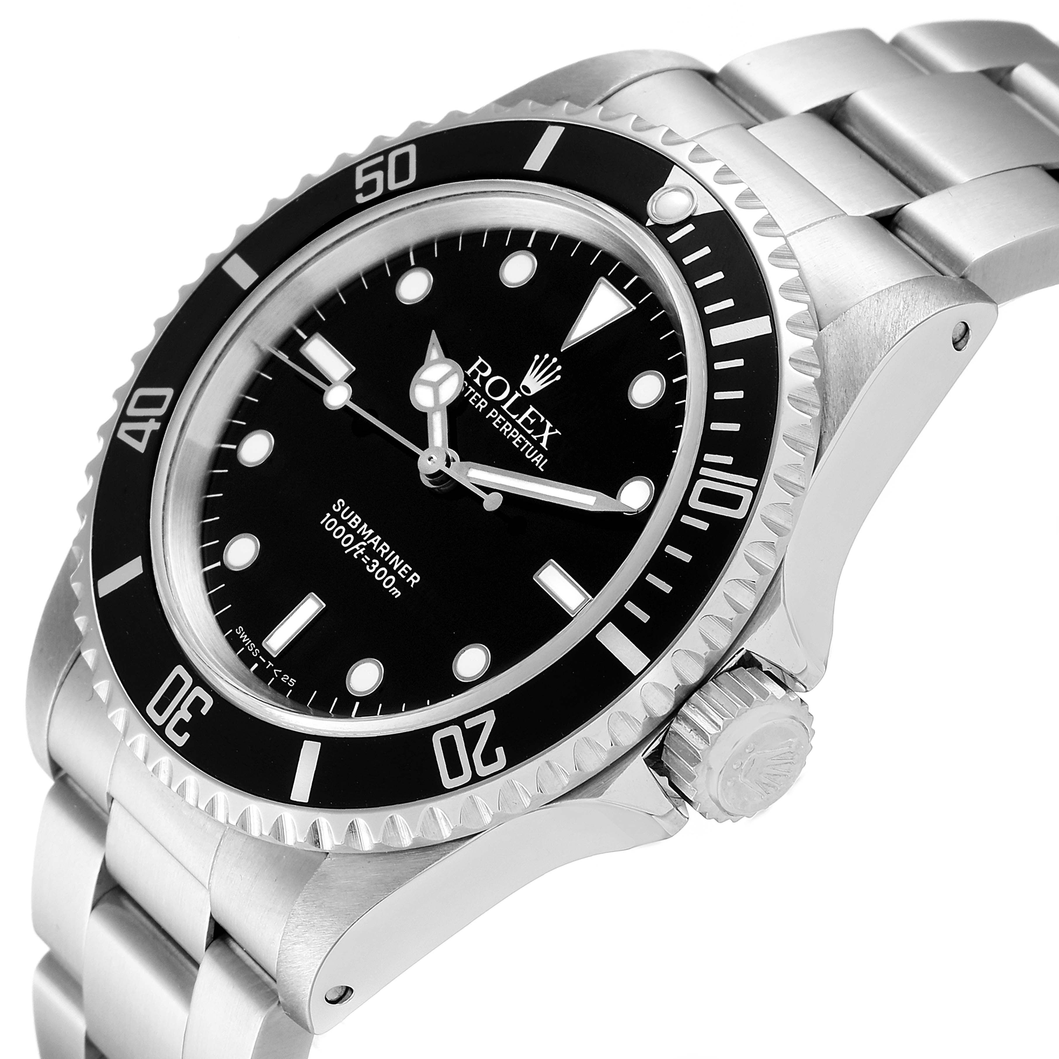The image shows a side angle of a Rolex Submariner 14060 Men
s Stainless Steel Black Dial 14060 Men
s Stainless Steel Black Dial, highlighting its black dial, bezel, case, and bracelet.