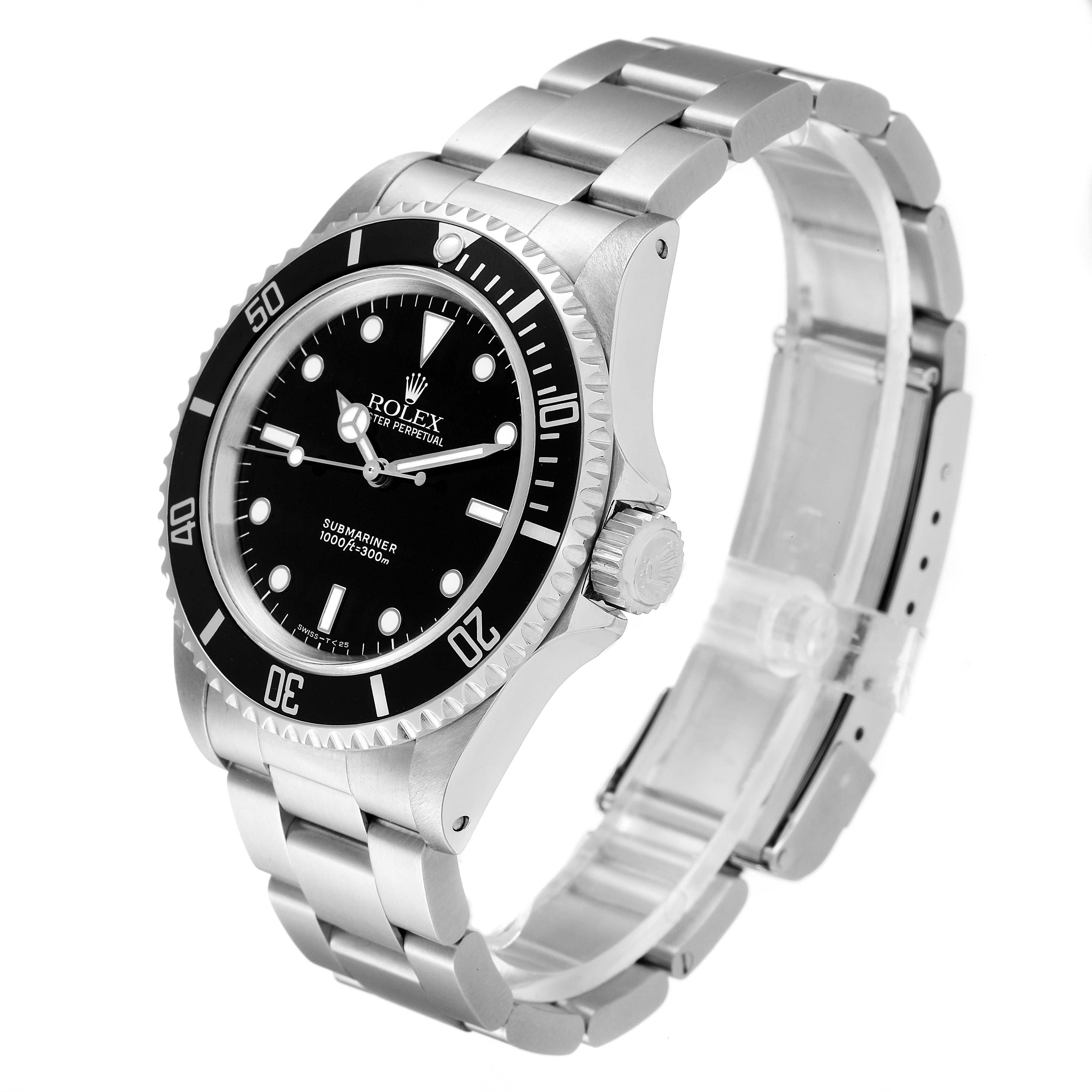 This image shows a Rolex Submariner 14060 Men
s Stainless Steel Black Dial 14060 Men
s Stainless Steel Black Dial watch from an angled side view, highlighting its bezel, dial, crown, and bracelet.