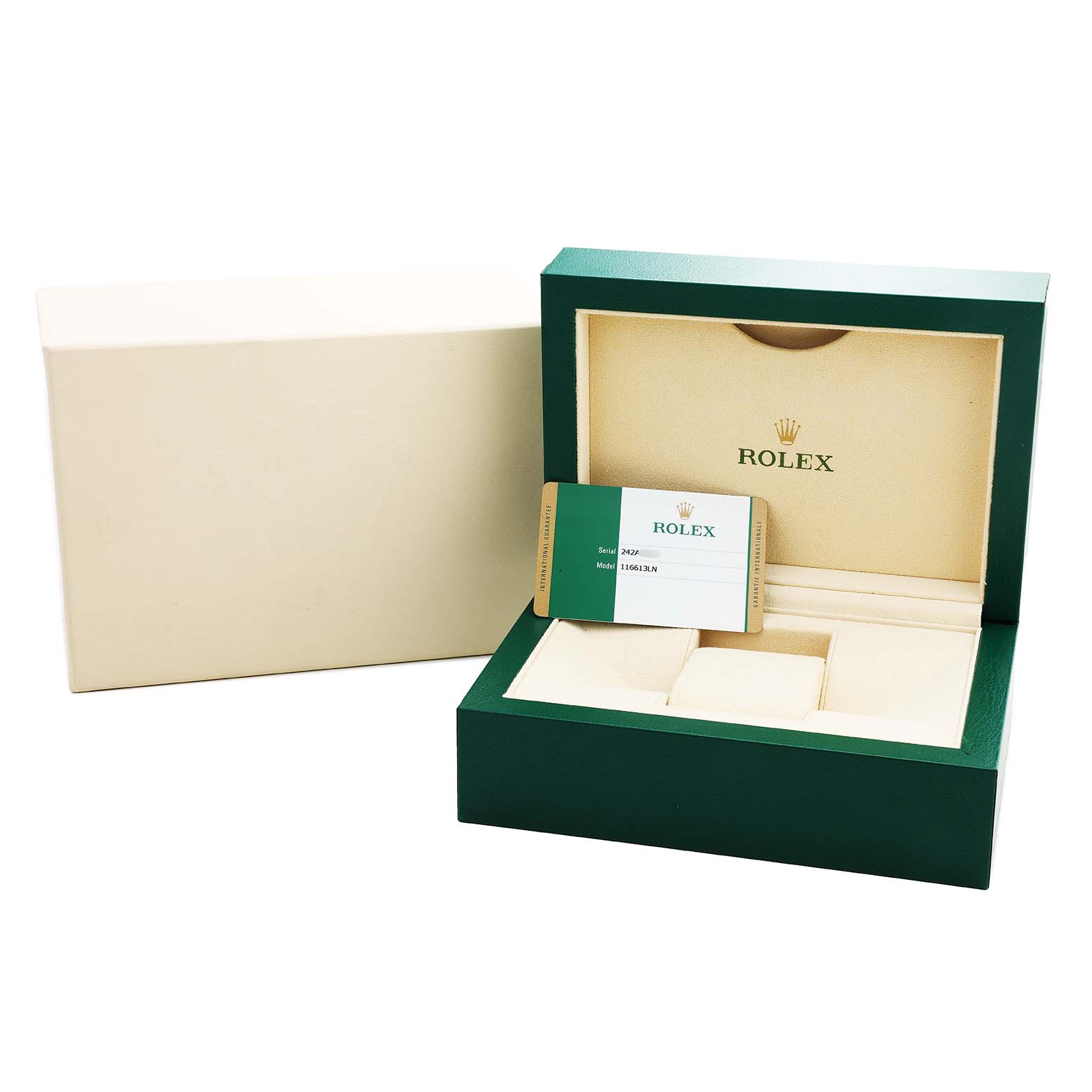 The image shows an open green Rolex Submariner 116613LN Men's Steel and Gold (two tone) Black Dial box with a beige interior, a card, and an outer cover.