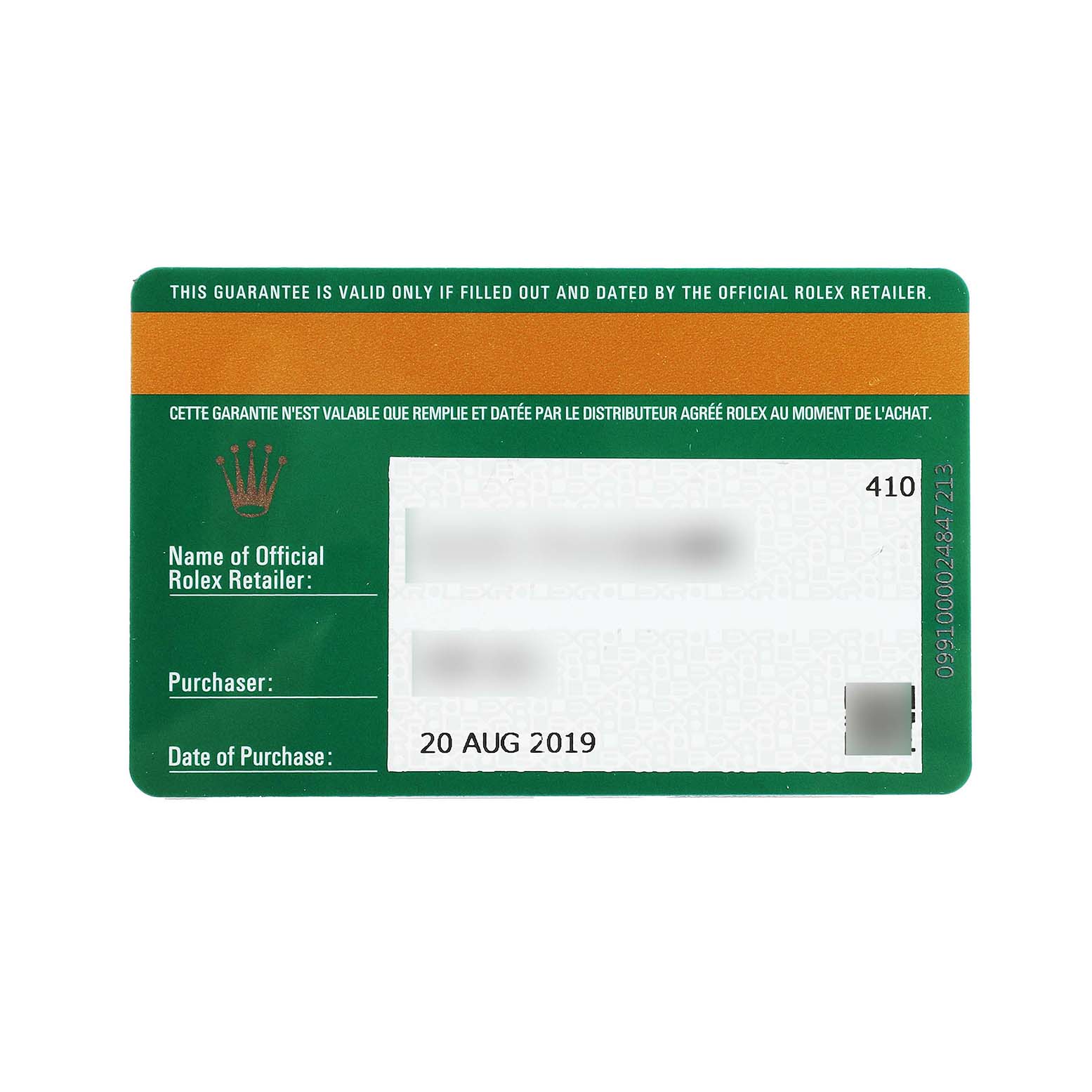 The image shows a warranty card for a Rolex Submariner 116613LN Men's Steel and Gold (two tone) Black Dial watch viewed from the front.