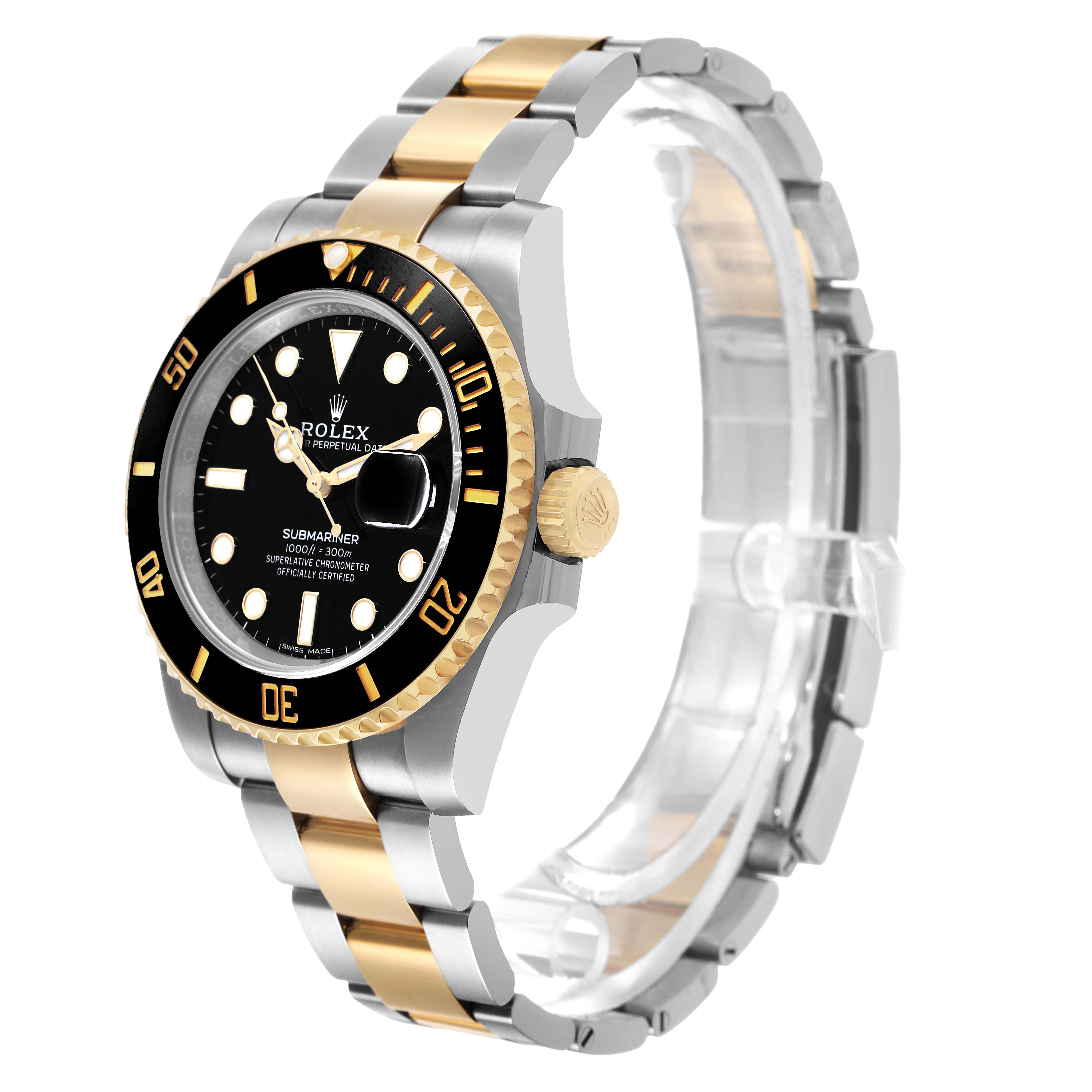 The Rolex Submariner 116613LN Men's Steel and Gold (two tone) Black Dial watch is shown at a three-quarter angle, displaying its gold and silver strap, black dial, and bezel.