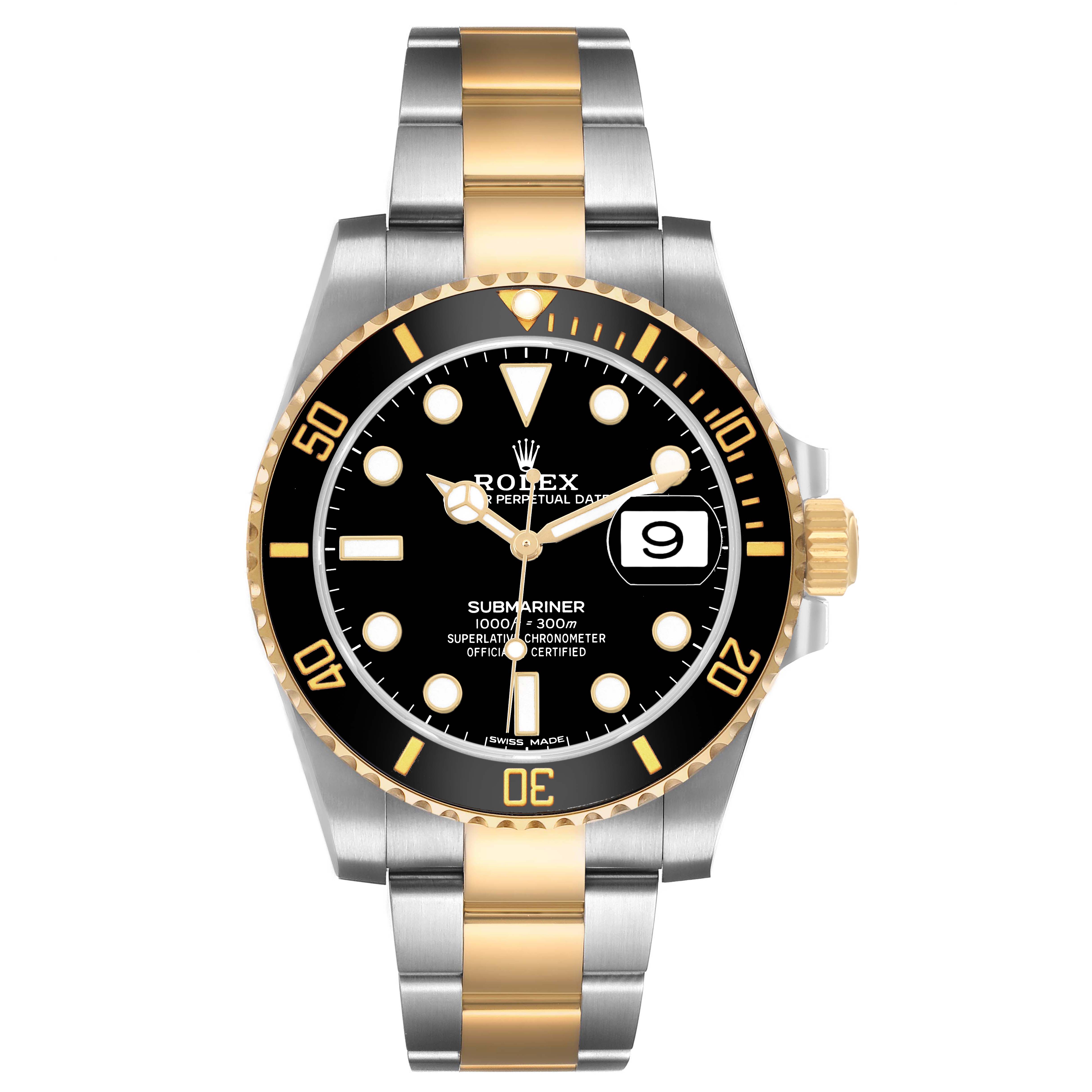 The Rolex Submariner 116613LN Men's Steel and Gold (two tone) Black Dial watch is shown from a front angle, displaying the dial, bezel, and two-tone bracelet.