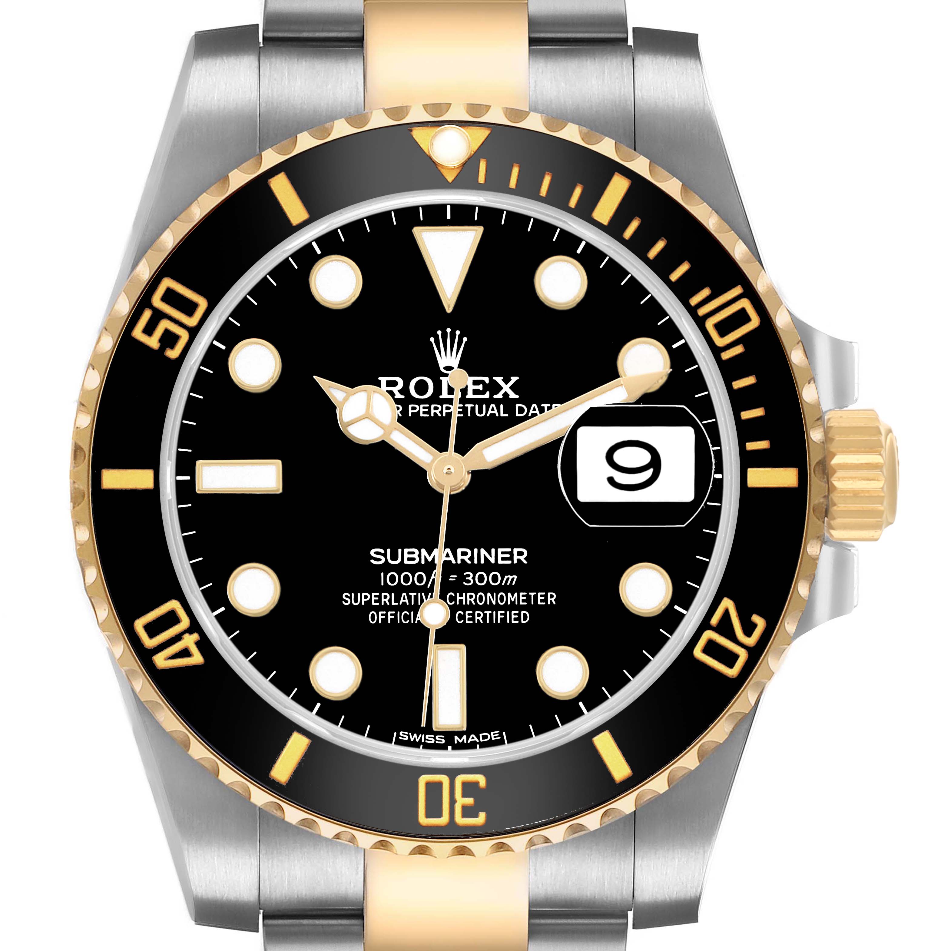 The Rolex Submariner 116613LN Men's Steel and Gold (two tone) Black Dial watch is shown from the front, highlighting the dial, bezel, crown, and bracelet.