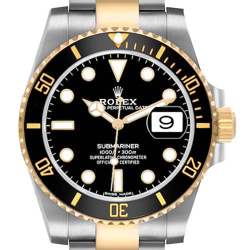 The Rolex Submariner 116613LN Men's Steel and Gold (two tone) Black Dial is shown from a frontal angle, highlighting the bezel, dial, hands, and crown.