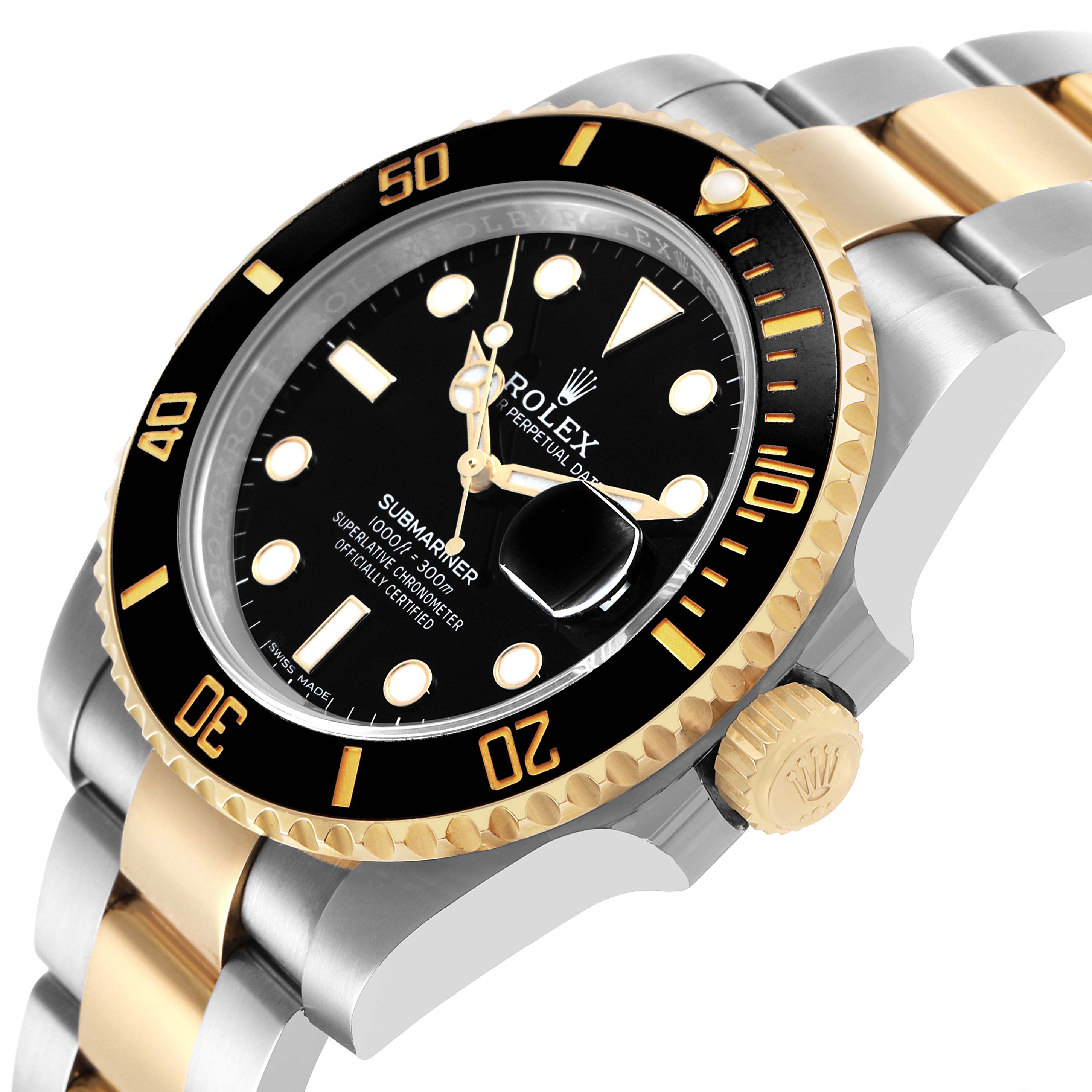 The Rolex Submariner 116613LN Men's Steel and Gold (two tone) Black Dial watch is shown at an angled view, highlighting the bezel, crown, and part of the bracelet.