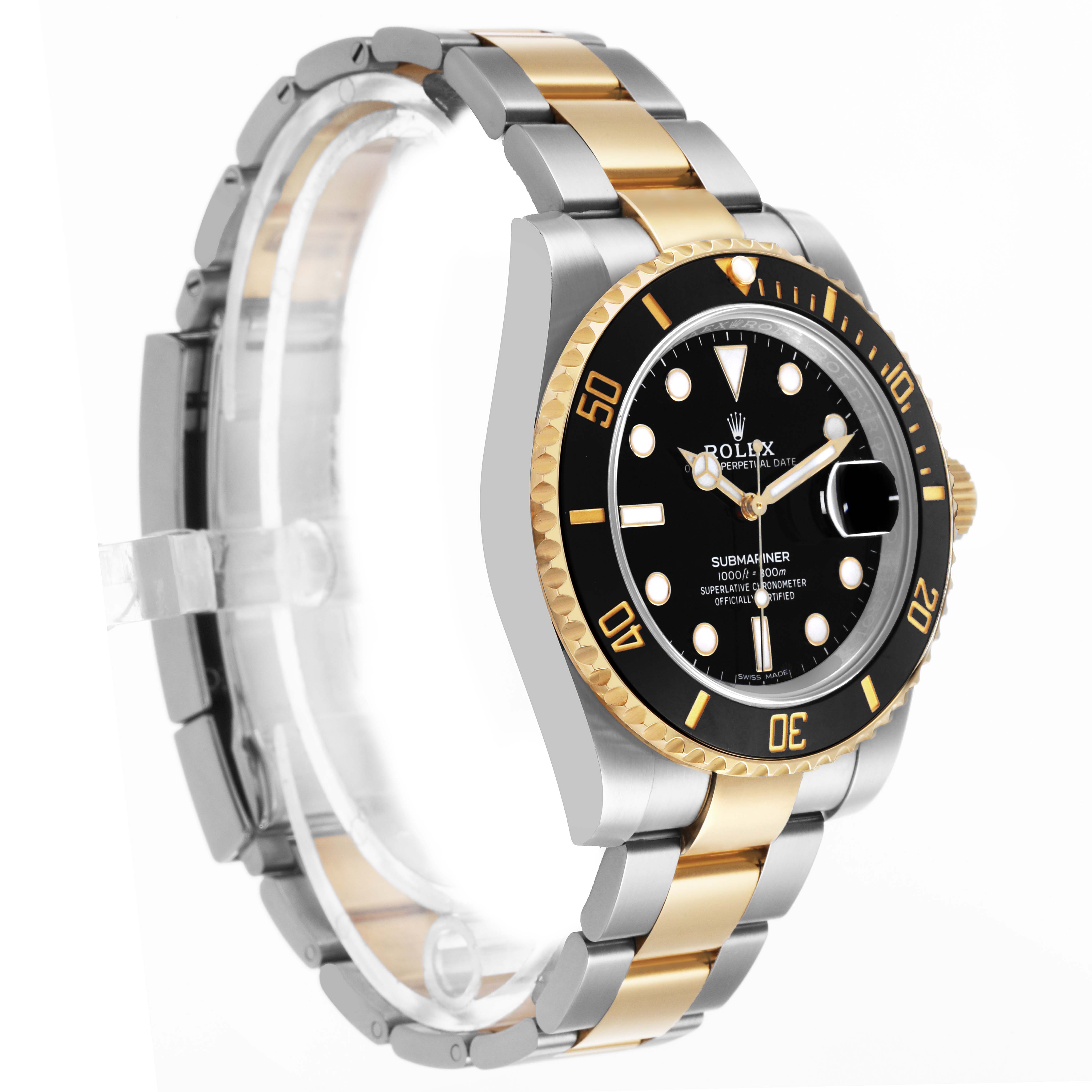The Rolex Submariner 116613LN Men's Steel and Gold (two tone) Black Dial watch is shown at a slight angle, highlighting its face, bezel, crown, and part of the two-tone bracelet.