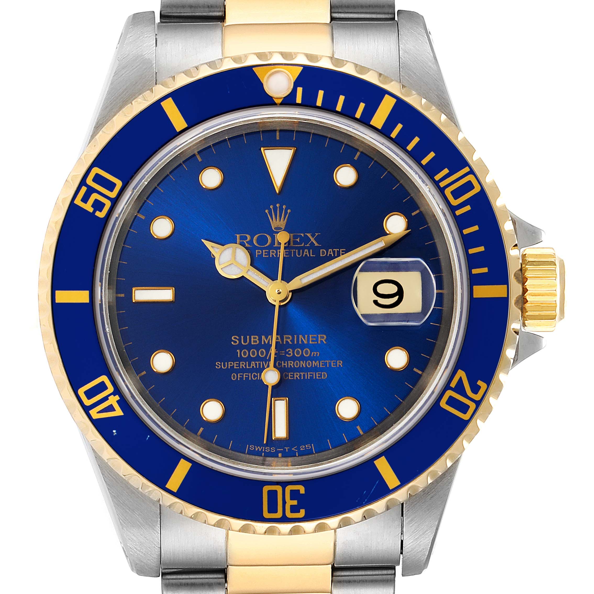 The image shows a front view of a Rolex Submariner 16613 Men's Steel and Gold (two tone) Blue Dial 16613 Men's Steel and Gold (two tone) Blue Dial with its blue dial, date window, and gold and stainless steel bezel.