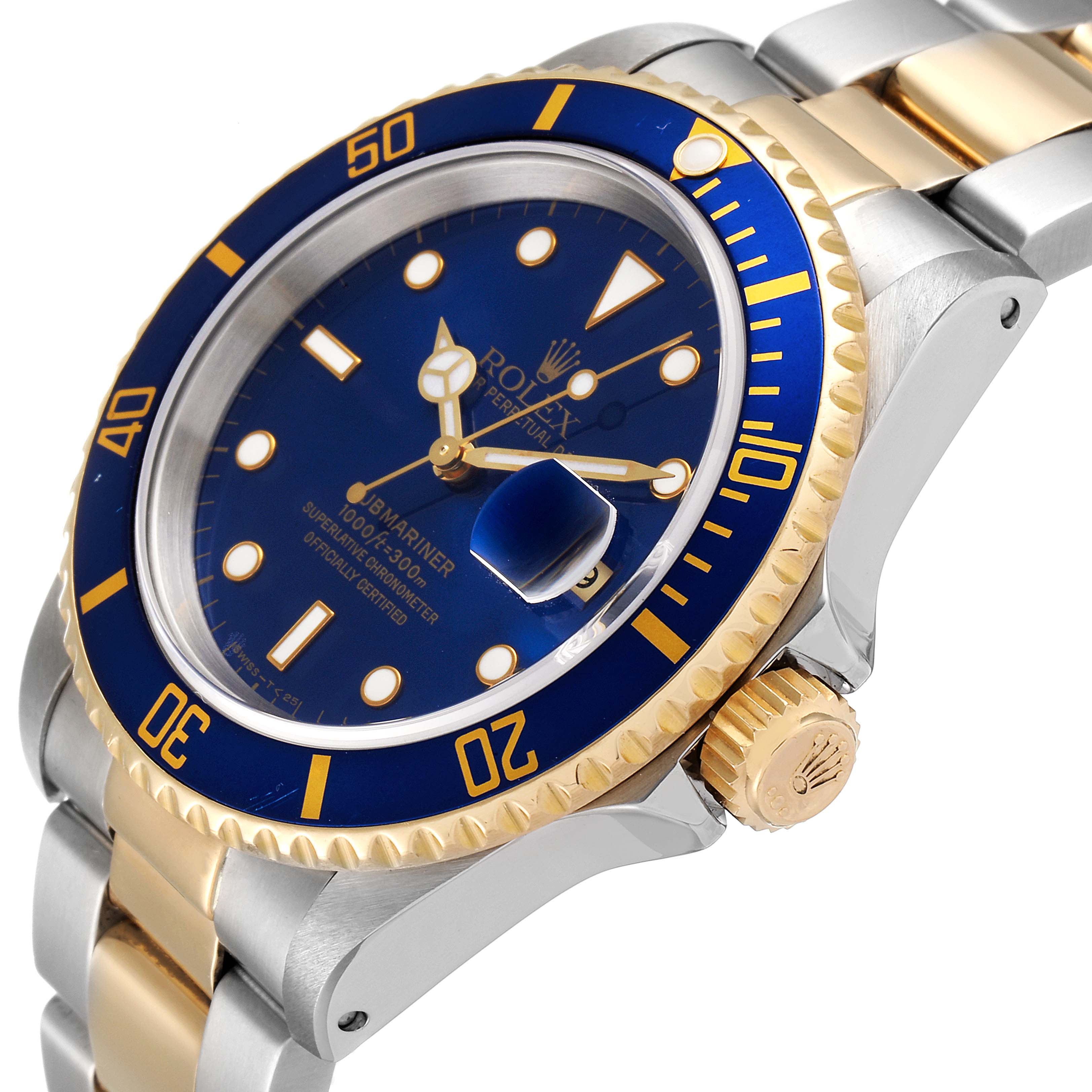 The image shows a side angle of the Rolex Submariner 16613 Men's Steel and Gold (two tone) Blue Dial 16613 Men's Steel and Gold (two tone) Blue Dial, highlighting the bezel, crown, and part of the bracelet.