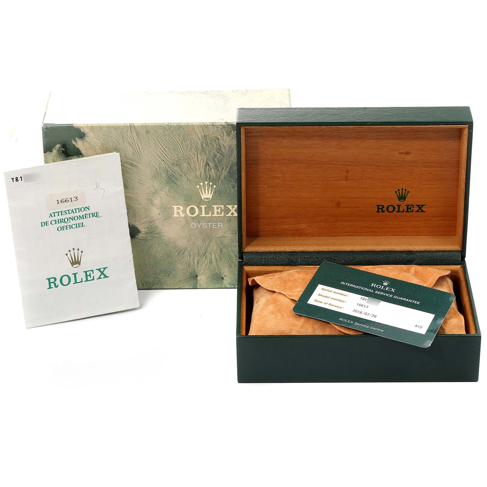 The image shows a Rolex Submariner 16613 Men's Steel and Gold (two tone) Blue Dial 16613 Men's Steel and Gold (two tone) Blue Dial box set with a certificate, warranty card, and the inner watch box.