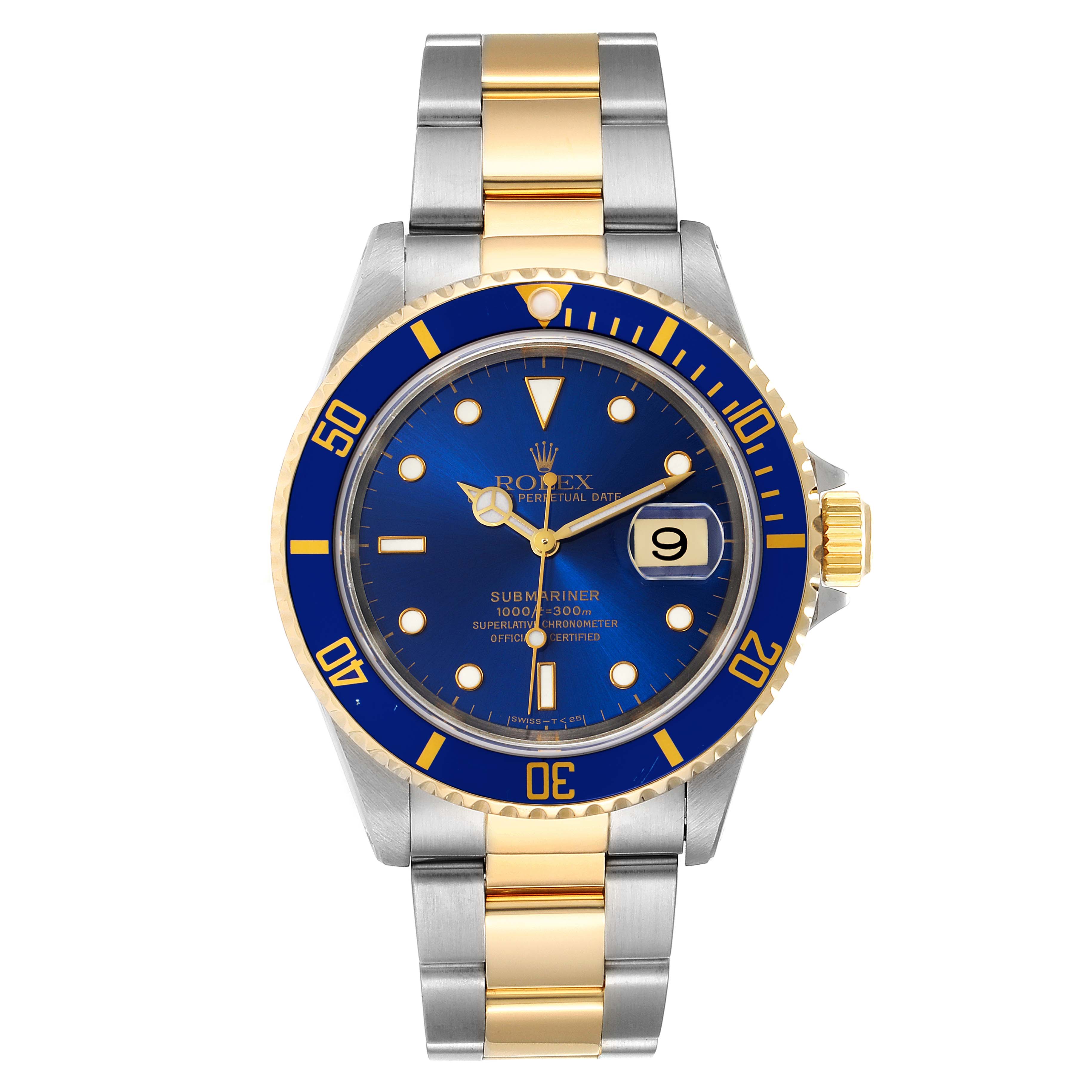 The image shows a front view of a Rolex Submariner 16613 Men's Steel and Gold (two tone) Blue Dial 16613 Men's Steel and Gold (two tone) Blue Dial watch, highlighting its blue dial, bezel, and two-tone bracelet.