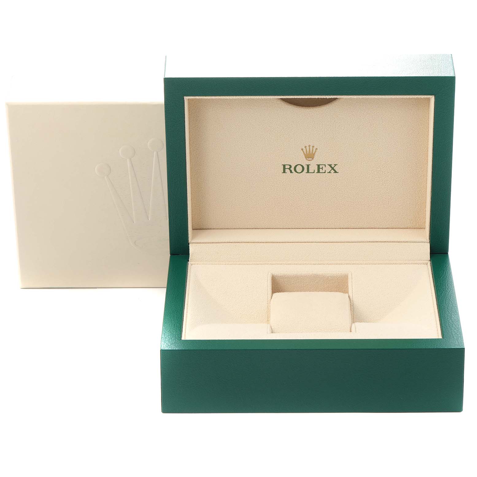 The image shows a Rolex Submariner model 116610 watch box, angled open, revealing the beige interior with a spot for the watch.