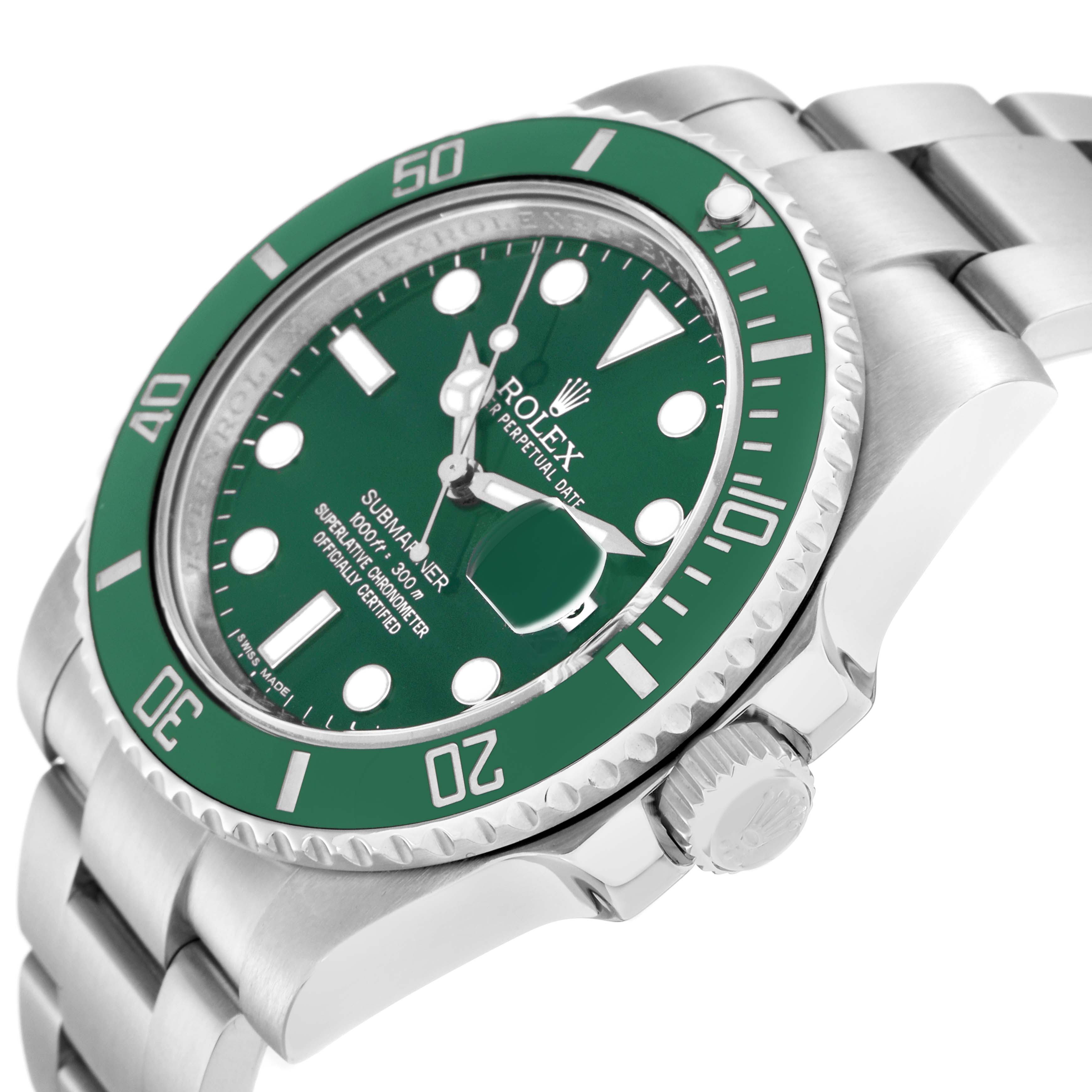 The image shows a side angle of the Rolex Submariner model 116610 men's watch, highlighting the green bezel, dial, crown, and part of the bracelet.