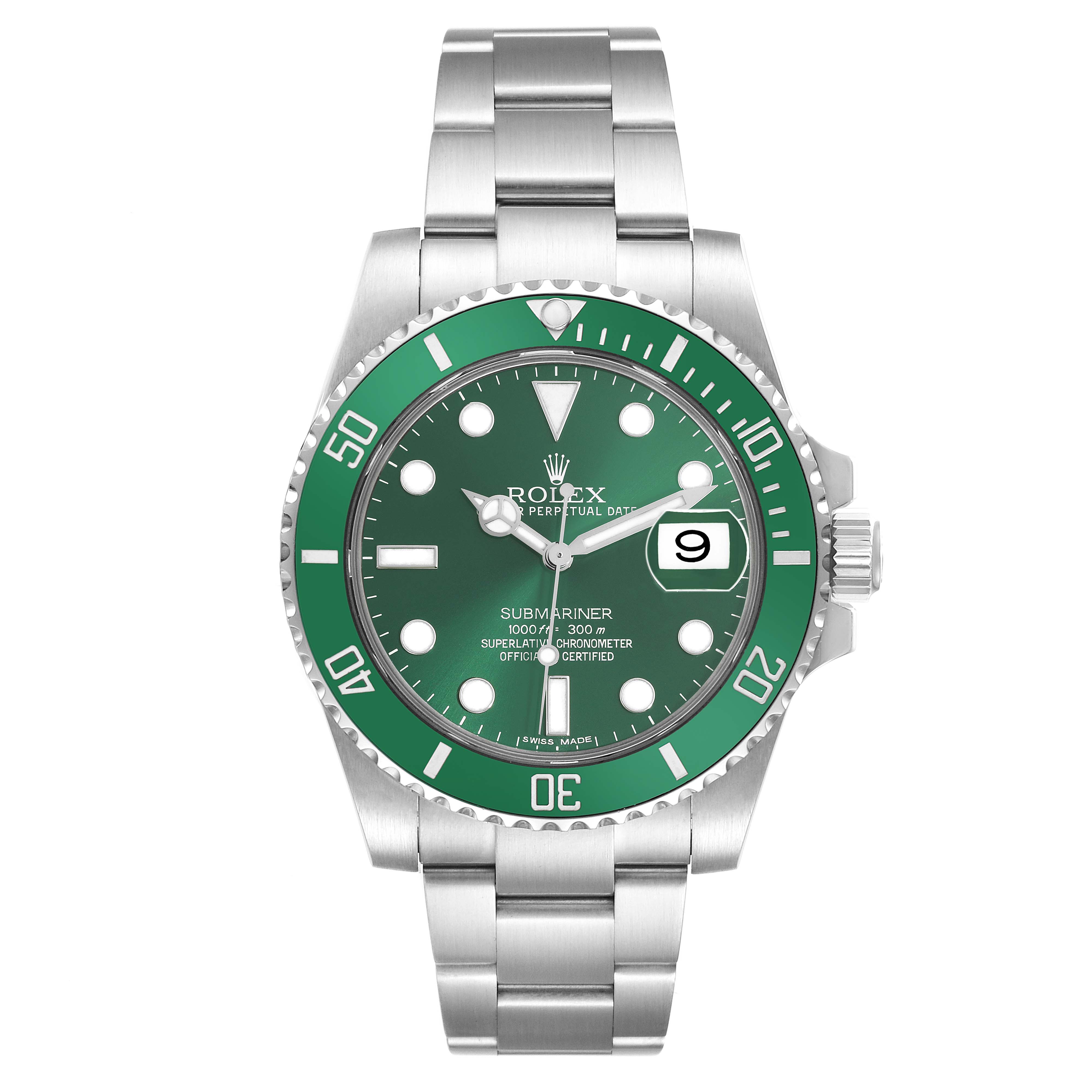 The Rolex Submariner model 116610 men's watch is shown from a top view, highlighting its green bezel, dial, and silver bracelet.