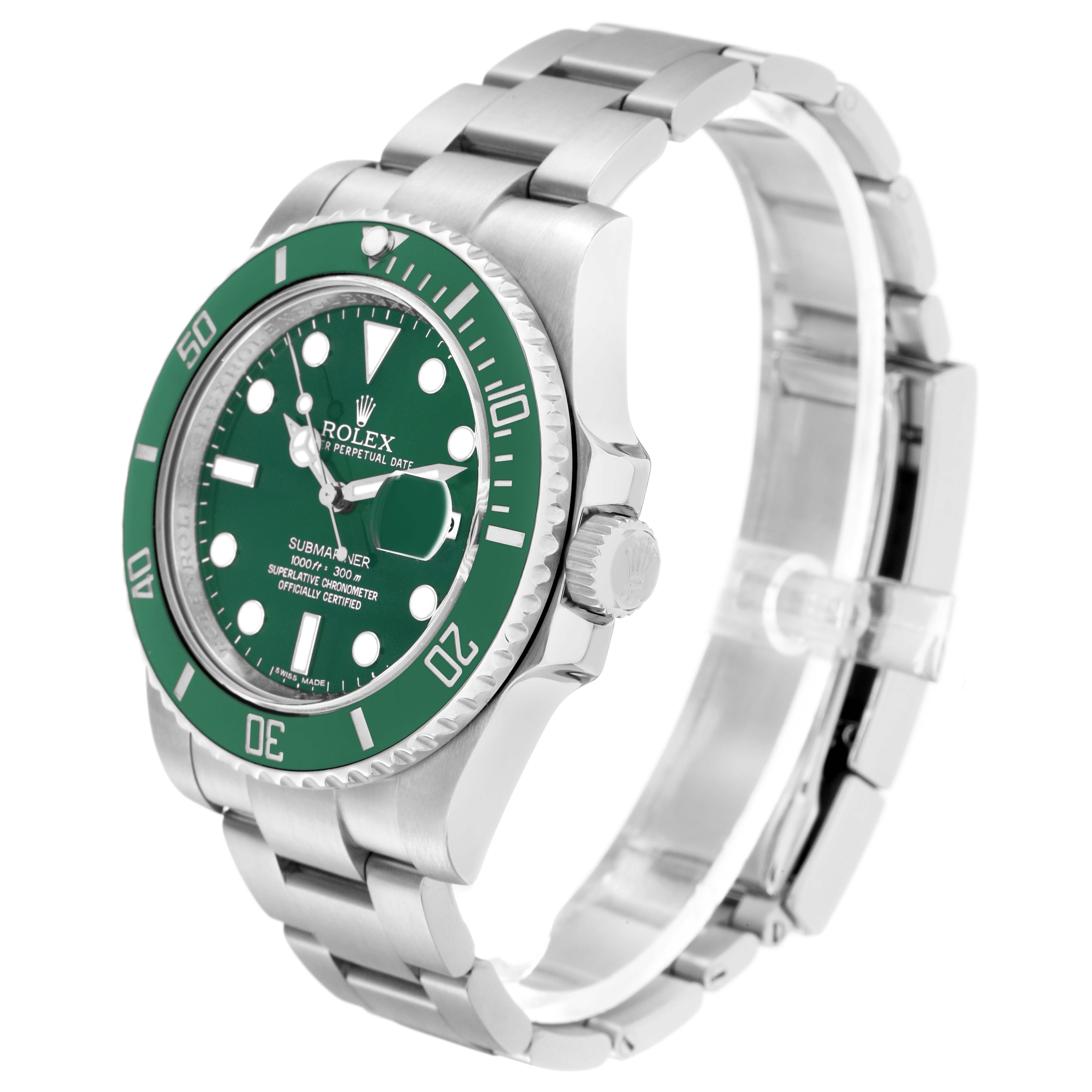 The image shows a Rolex Submariner model 116610 from a three-quarter view, highlighting the green bezel, dial, crown, and bracelet.