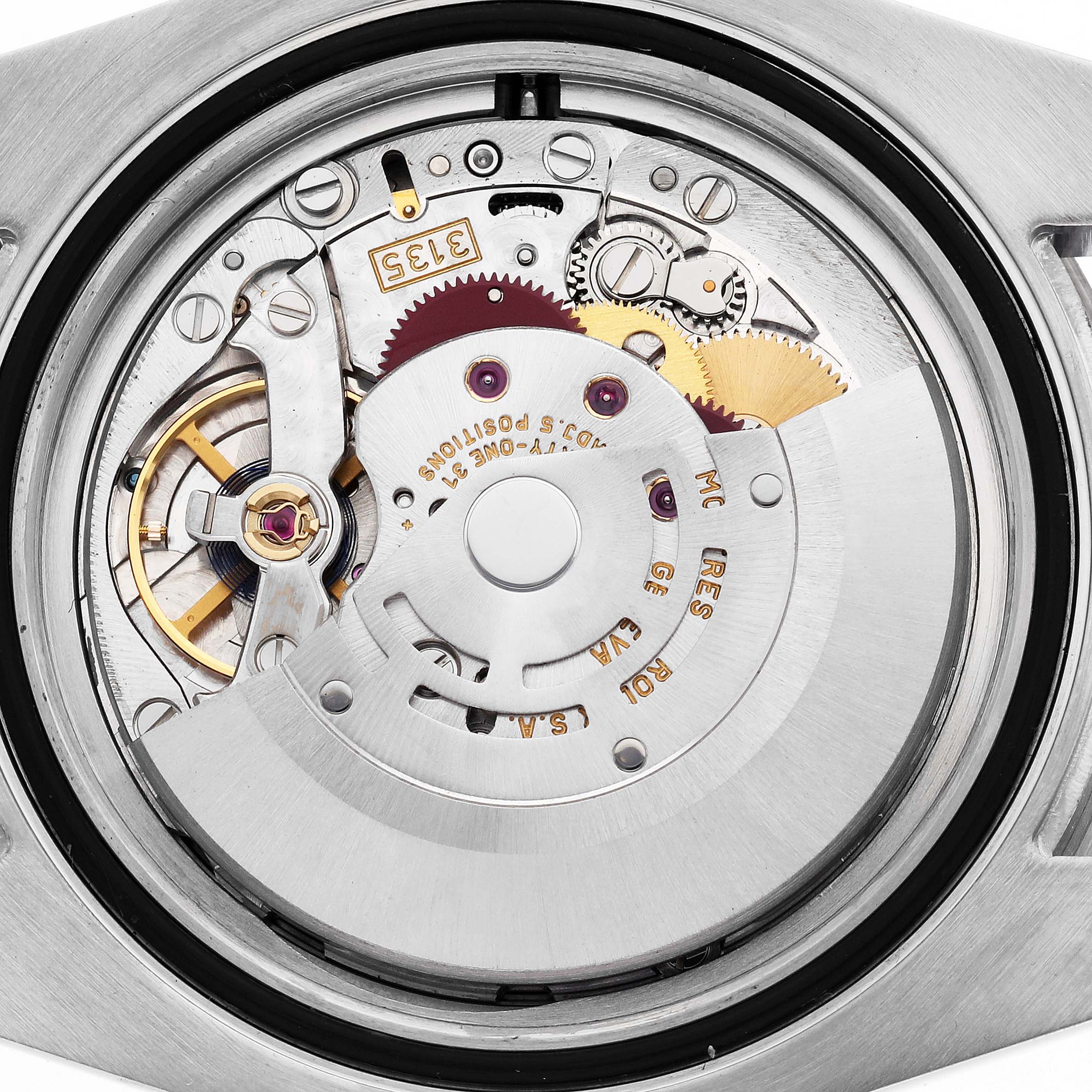 The image shows the movement mechanism of a Rolex Submariner model 116610, highlighting gears, jewels, and a balance wheel from a rear angle.