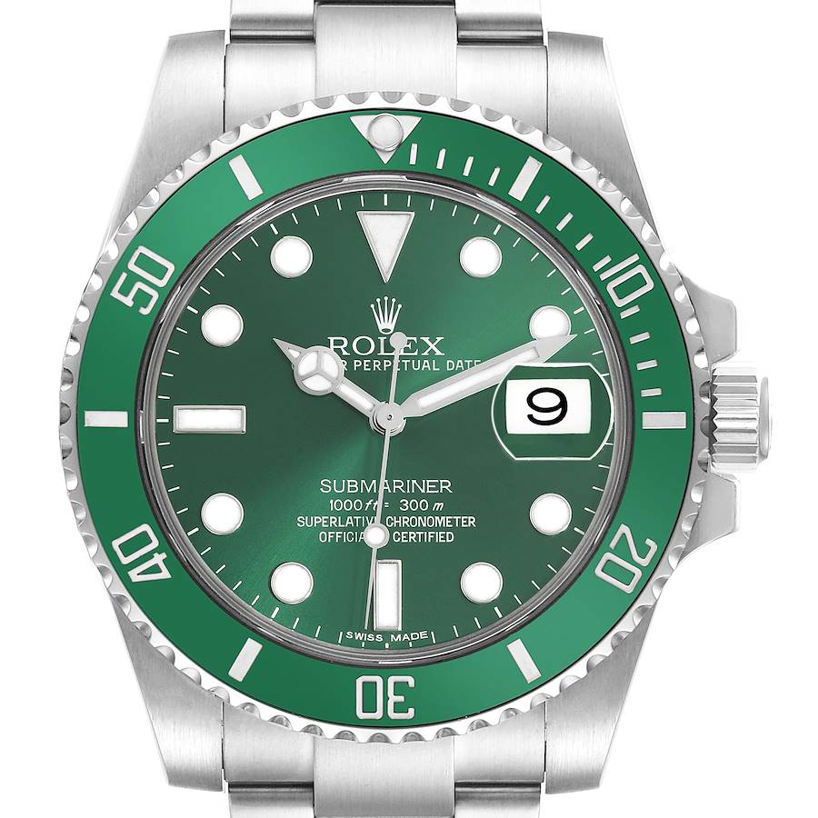The image shows a frontal view of the Rolex Submariner model 116610, highlighting the dial, bezel, and date window.