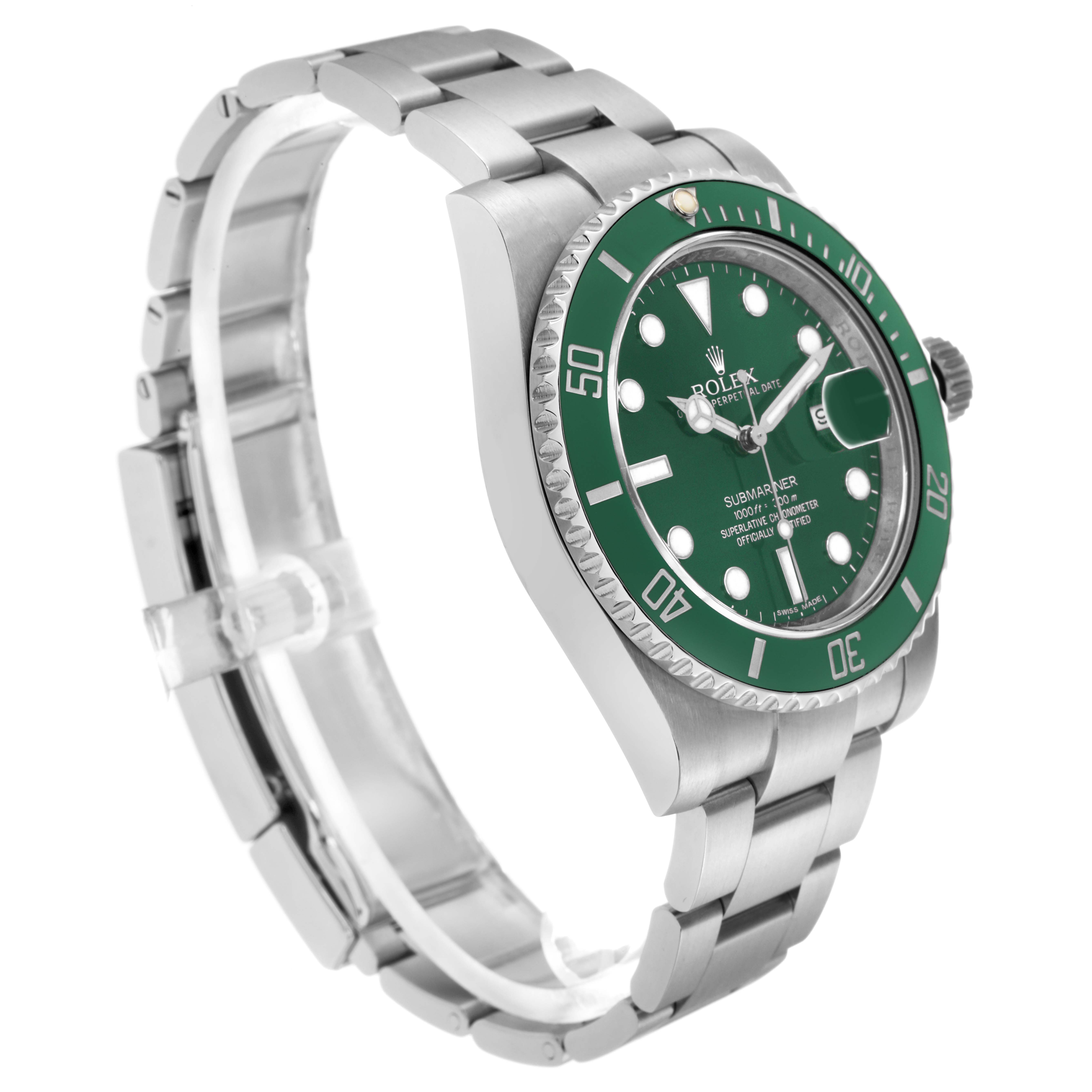 The Rolex Submariner 116610LV is shown at a three-quarters angle, highlighting the green bezel, dial, and metal bracelet.