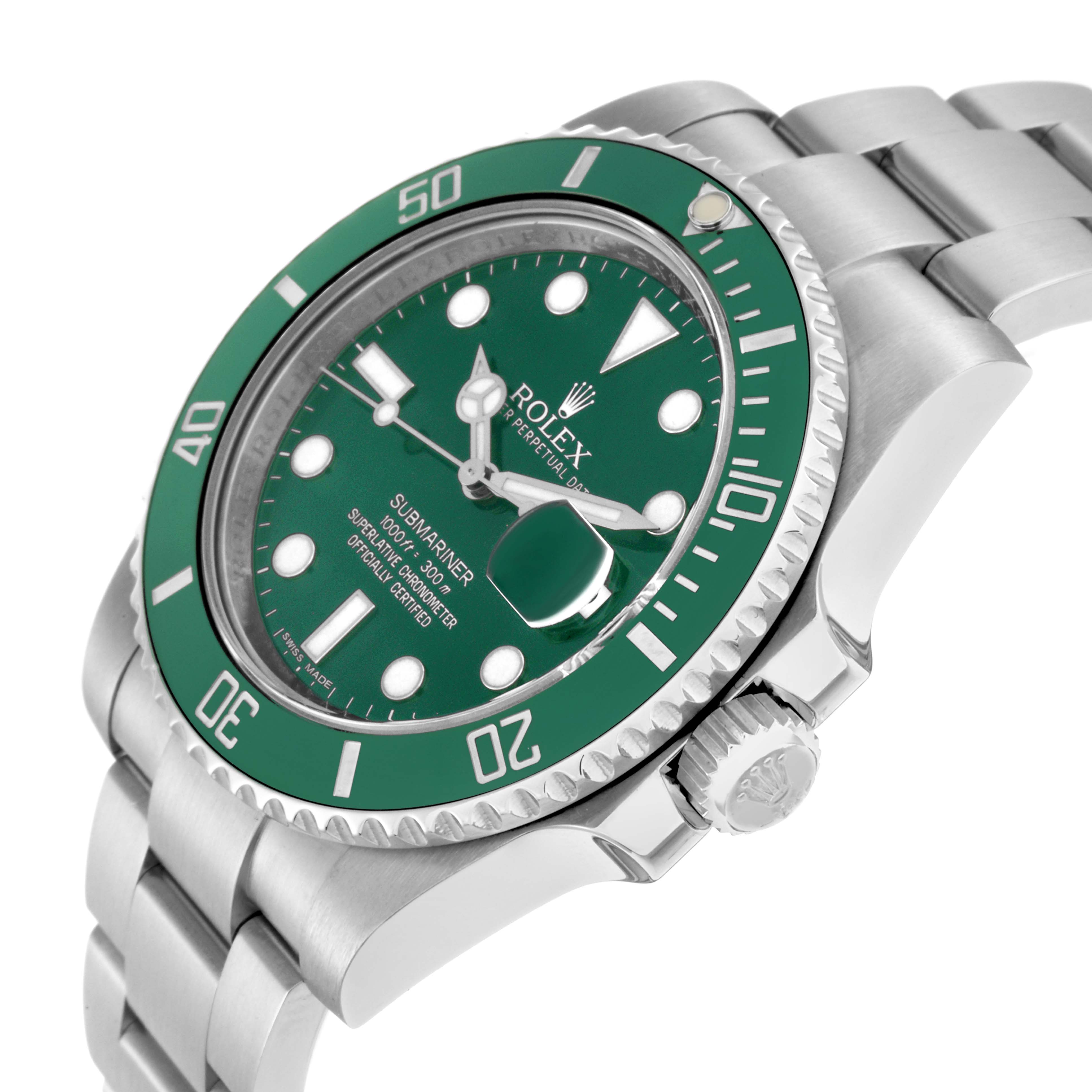 The image shows a Rolex Submariner model 116610LV from a three-quarter angle, highlighting the green bezel, dial, crown, and part of the bracelet.