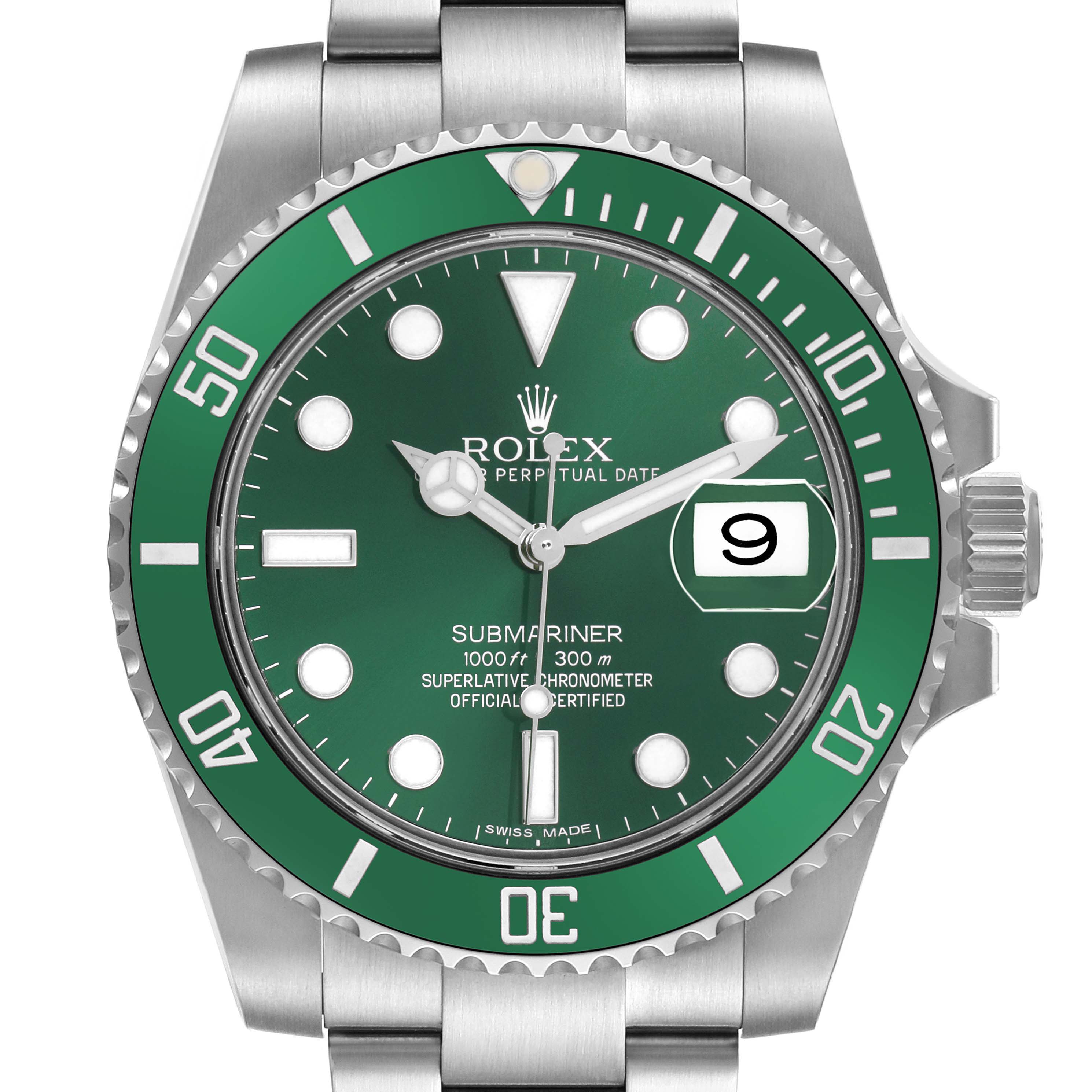 The image shows a front view of the Rolex Submariner model 116610LV, highlighting its green bezel, dial, luminous markers, and date window.