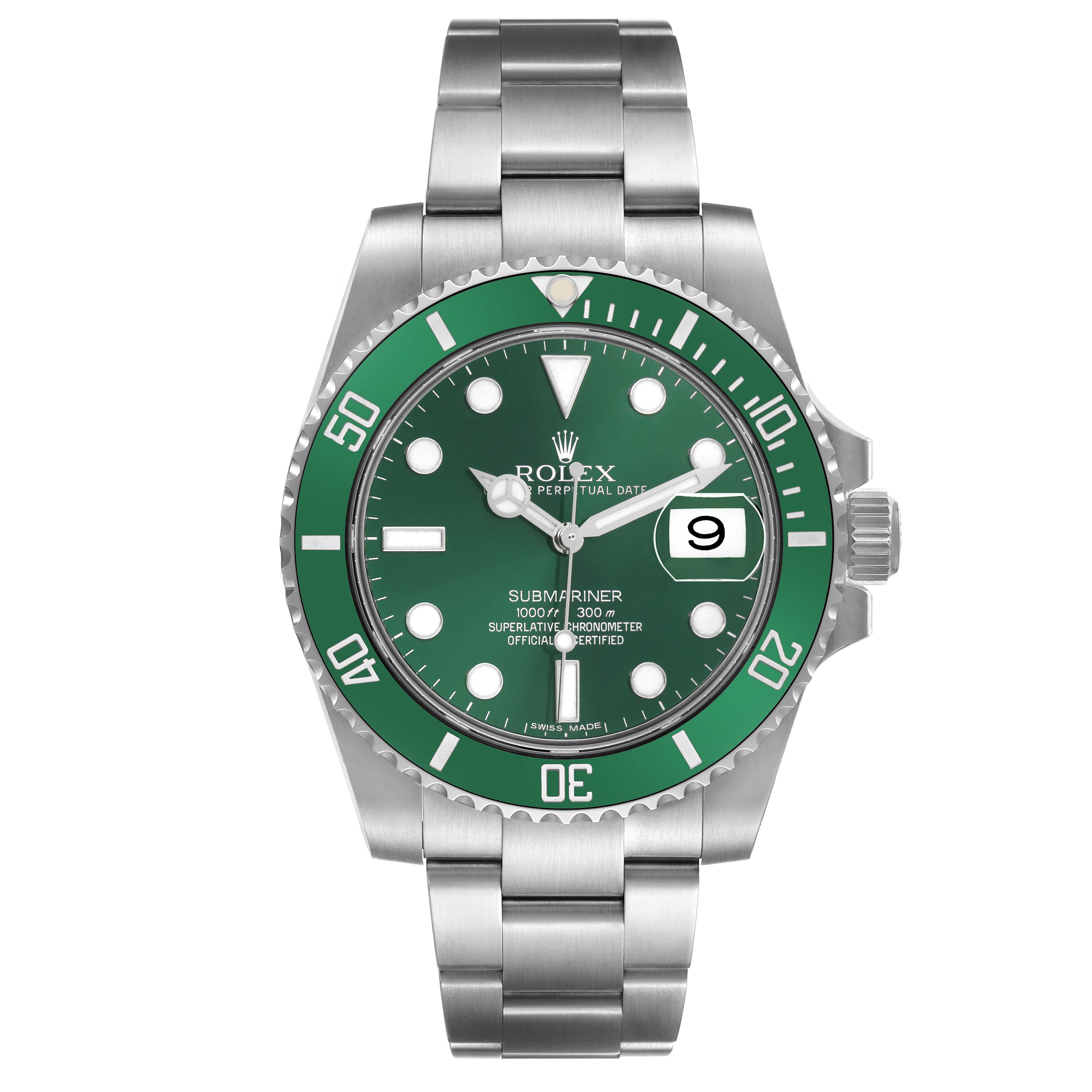 The image shows a front view of the Rolex Submariner model 116610LV, highlighting its green bezel, dial, and stainless steel bracelet.