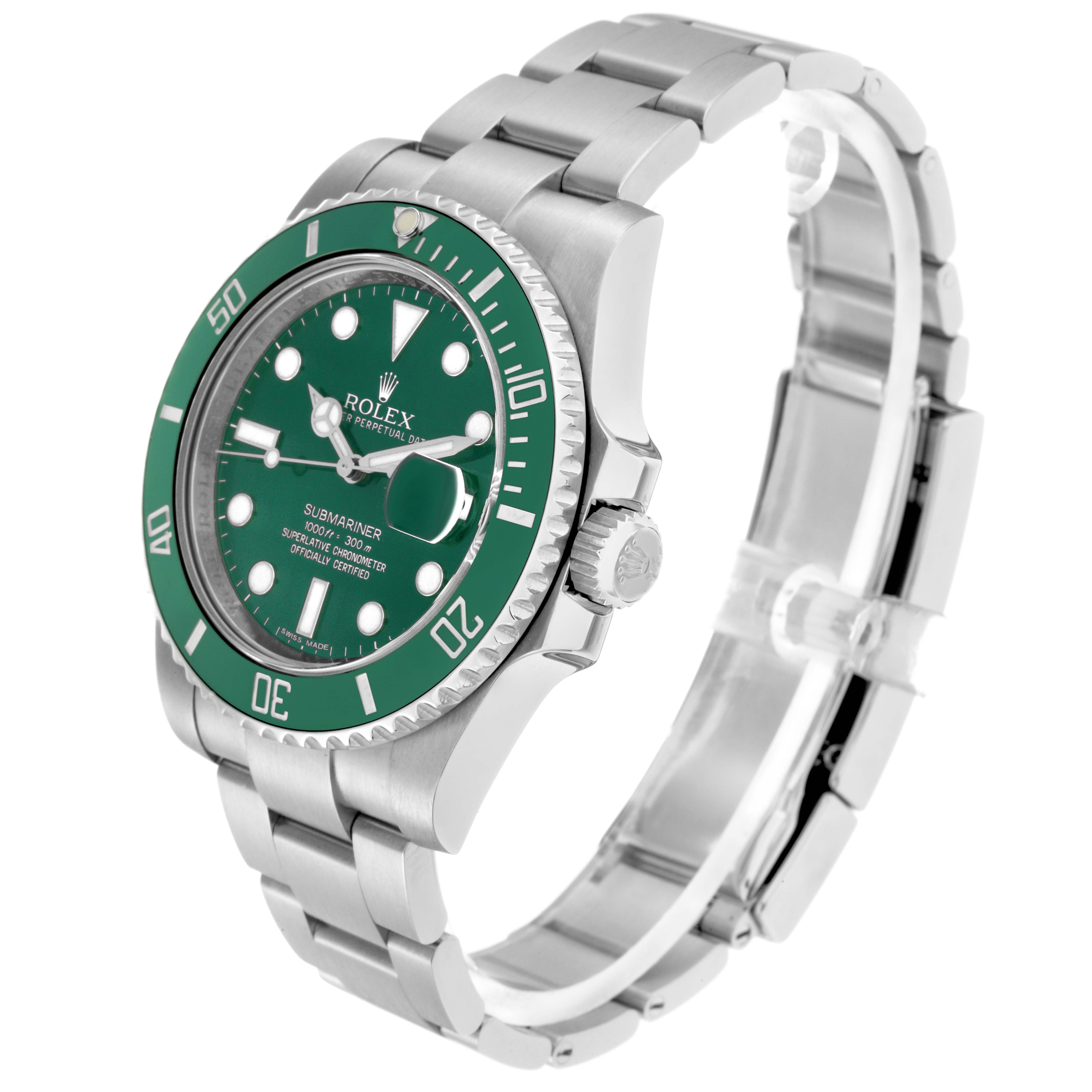 The image shows a Rolex Submariner 116610LV watch at a three-quarter angle, highlighting its green bezel, dial, and stainless steel bracelet.