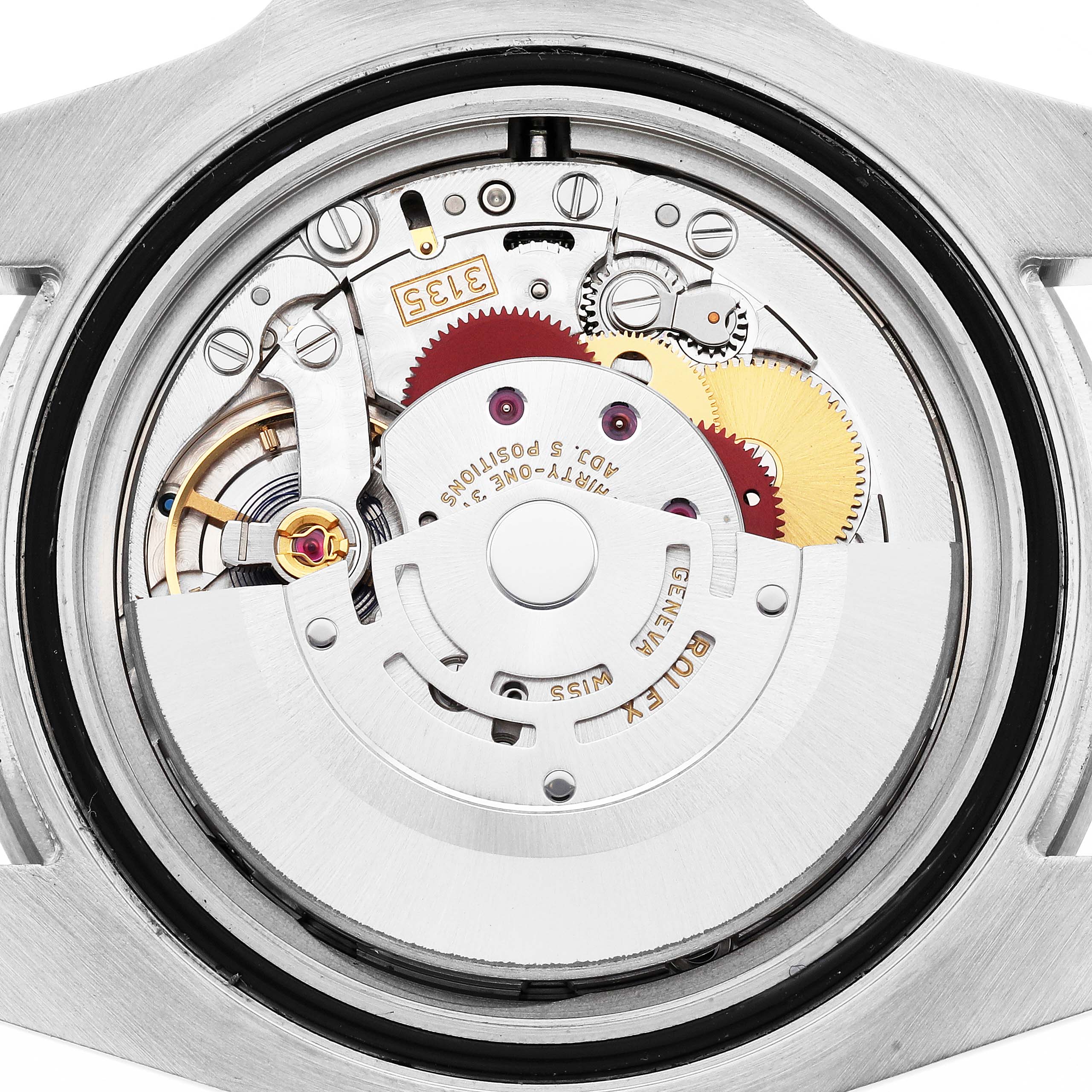 The image shows a close-up of the movement of a Rolex Submariner model 116610LV, highlighting its intricate gears and components from the case back view.