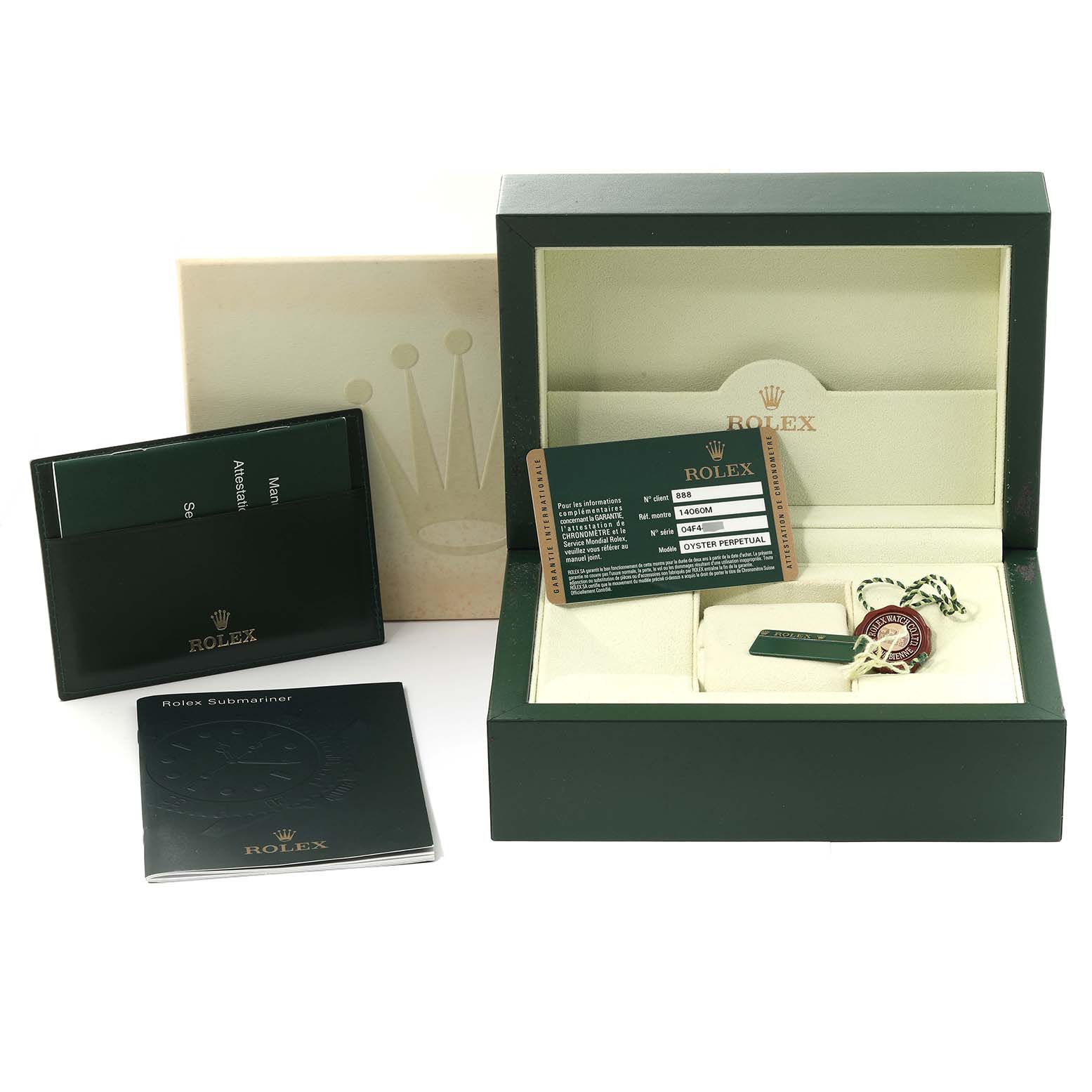 The image shows the Rolex Submariner 14060 Men
s Stainless Steel Black Dial 14060 Men
s Stainless Steel Black Dial watch box, manuals, warranty card, hang tags, and outer packaging from a frontal angle.