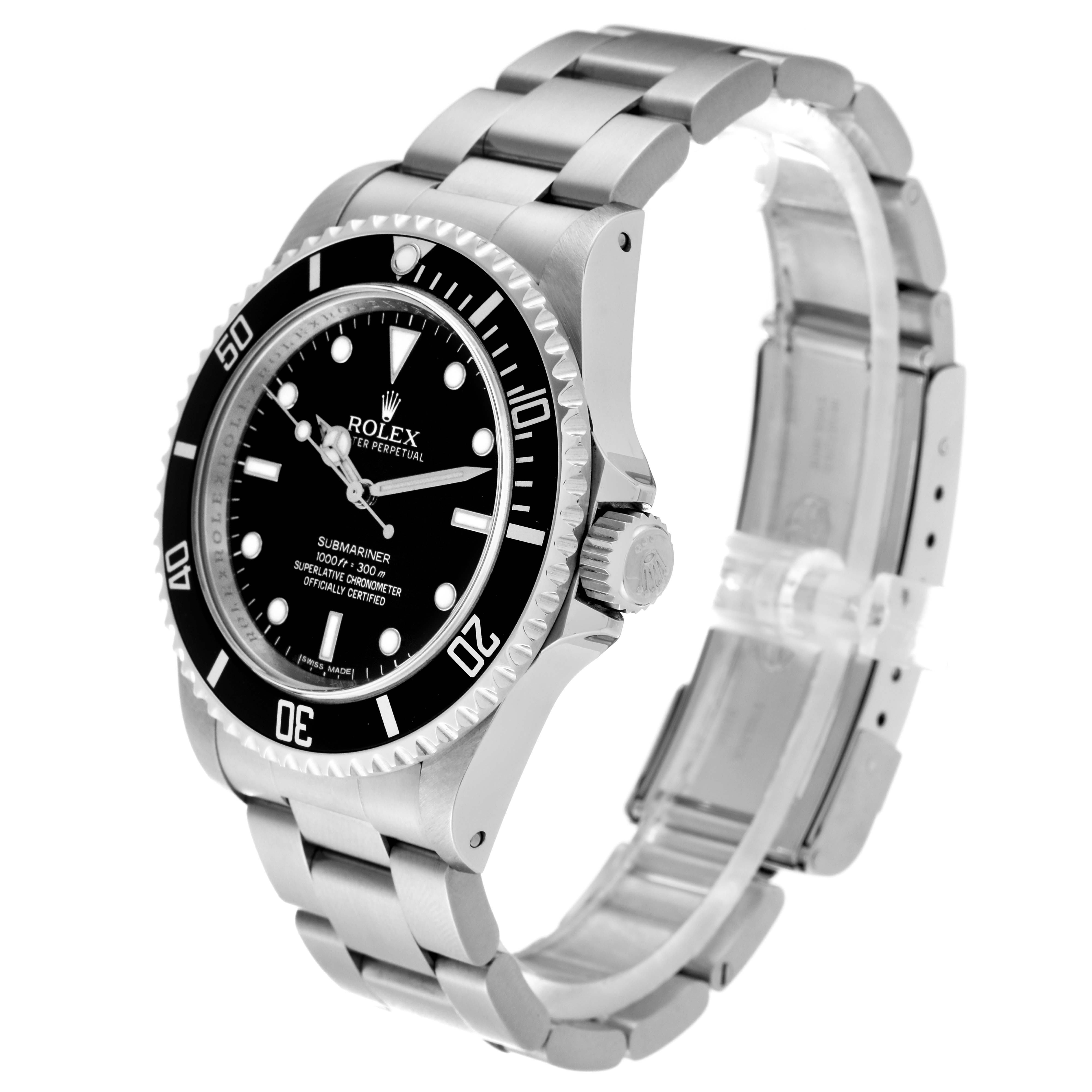 The Rolex Submariner 14060 Men
s Stainless Steel Black Dial 14060 Men
s Stainless Steel Black Dial watch is shown at a slight angle, showcasing the dial, bezel, crown, and metal bracelet.