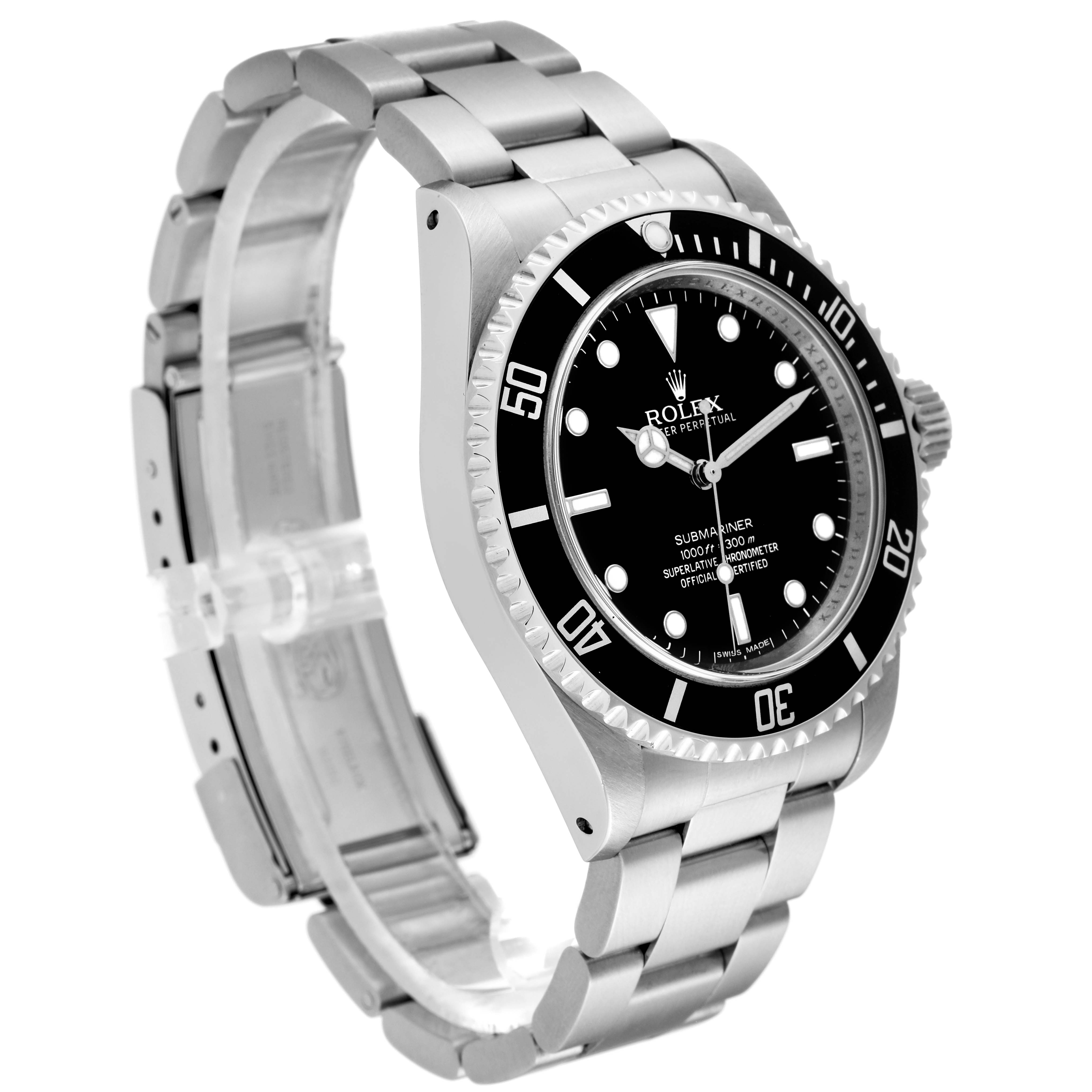 This image shows a side angle view of the Rolex Submariner 14060 Men
s Stainless Steel Black Dial 14060 Men
s Stainless Steel Black Dial watch, highlighting the bezel, dial, and bracelet.