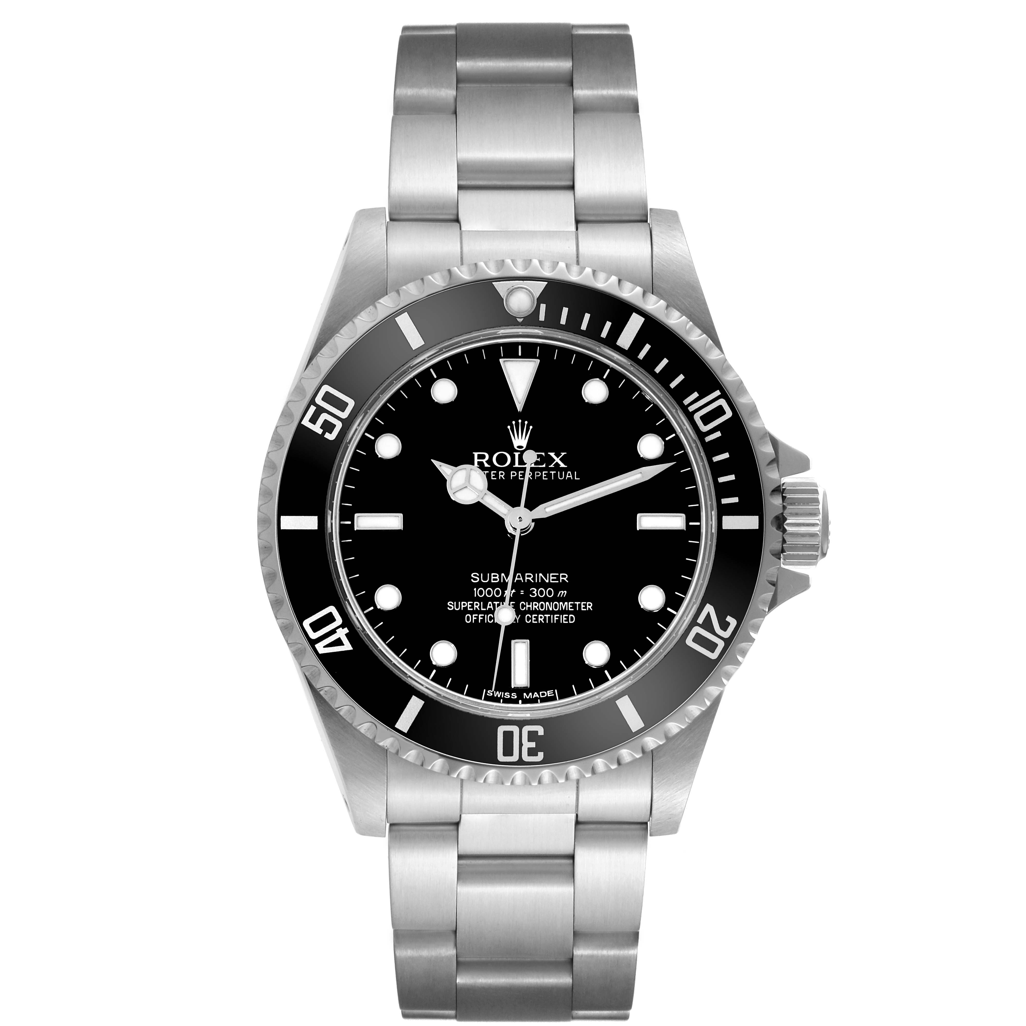 The Rolex Submariner 14060 Men
s Stainless Steel Black Dial 14060 Men
s Stainless Steel Black Dial watch is shown from the front, displaying the dial, bezel, case, and metal bracelet.