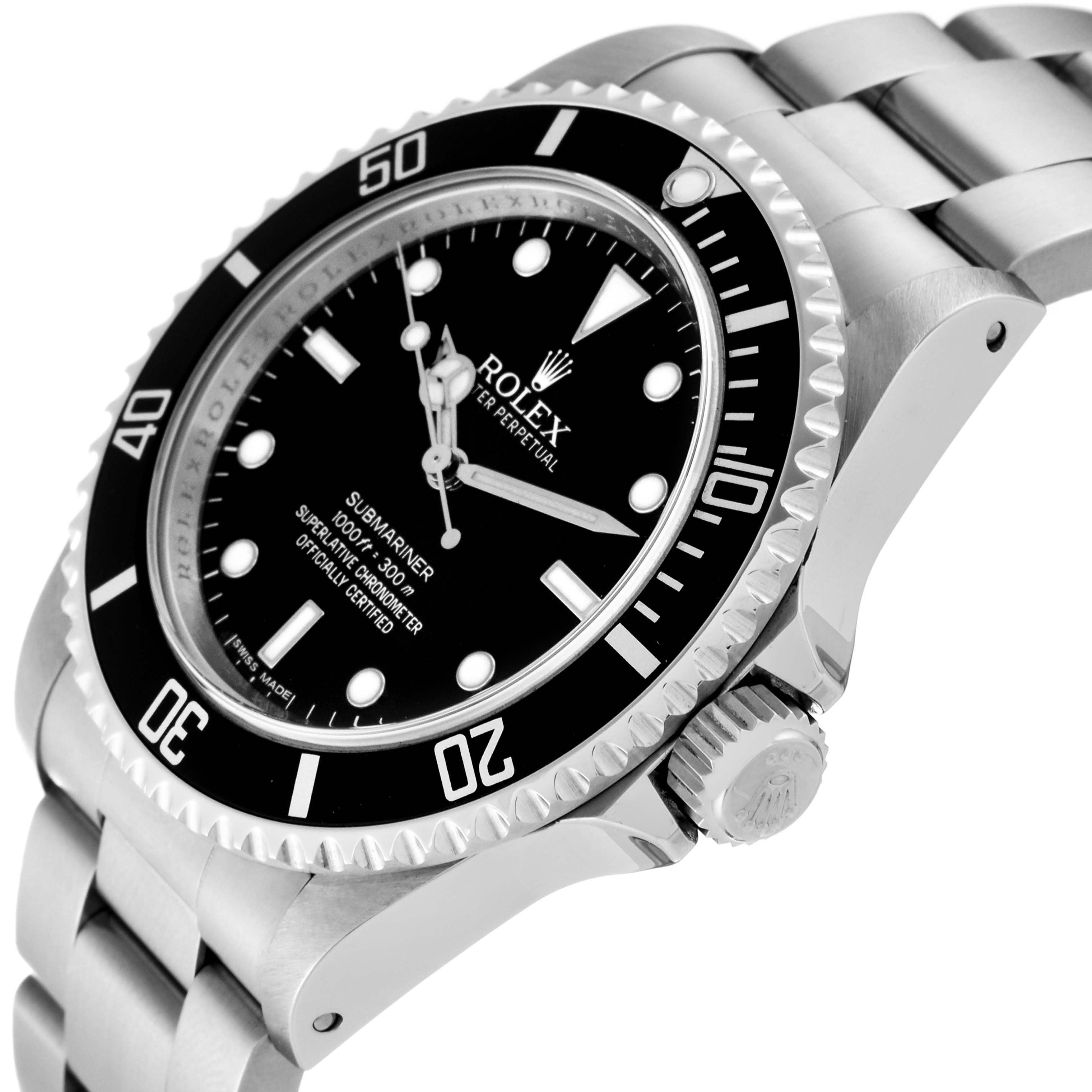 The image shows a close-up angle of the Rolex Submariner 14060 Men
s Stainless Steel Black Dial 14060 Men
s Stainless Steel Black Dial watch, highlighting the case, bezel, dial, crown, and bracelet.