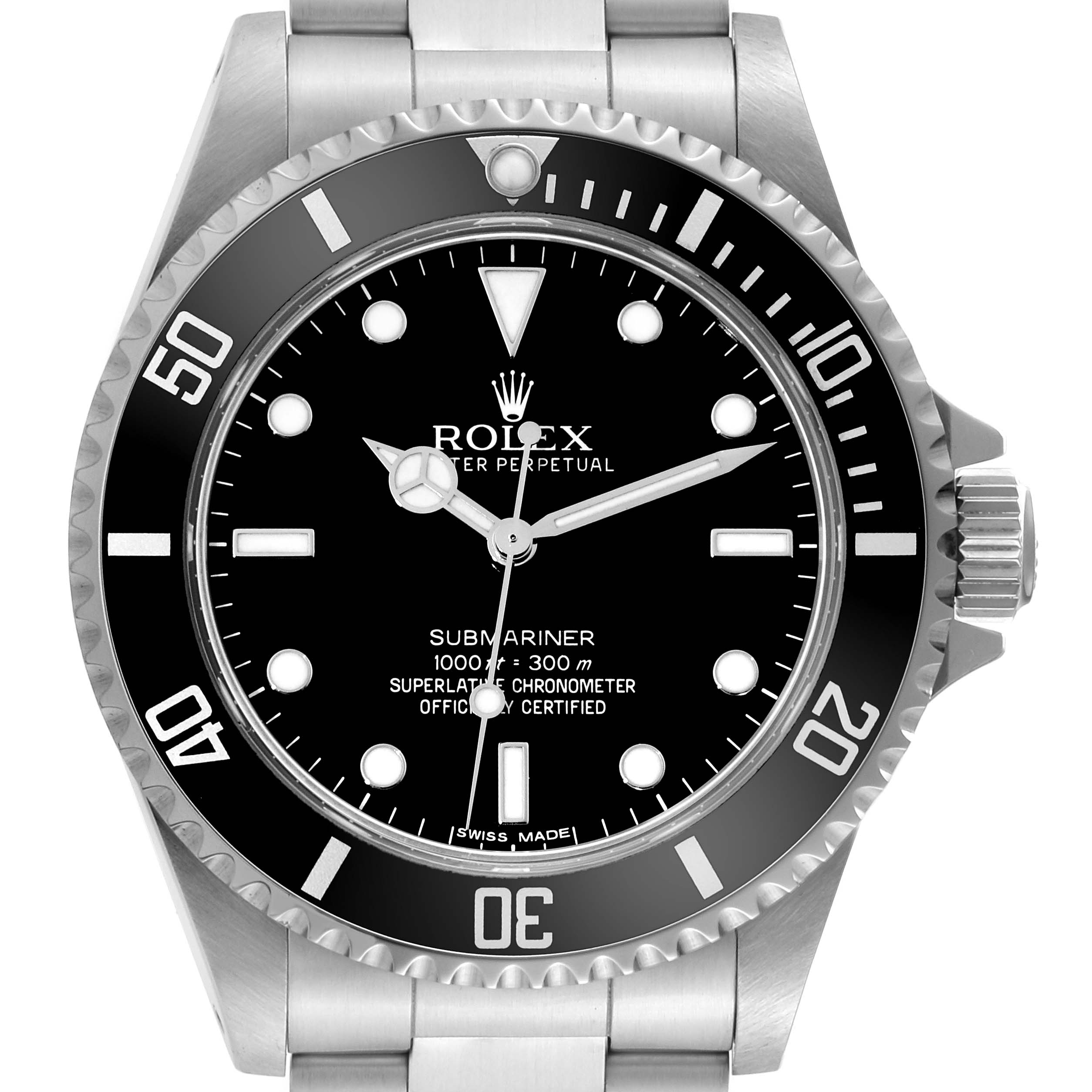 The image shows a front view of the Rolex Submariner 14060 Men
s Stainless Steel Black Dial 14060 Men
s Stainless Steel Black Dial watch, highlighting its black dial, bezel, and bracelet.